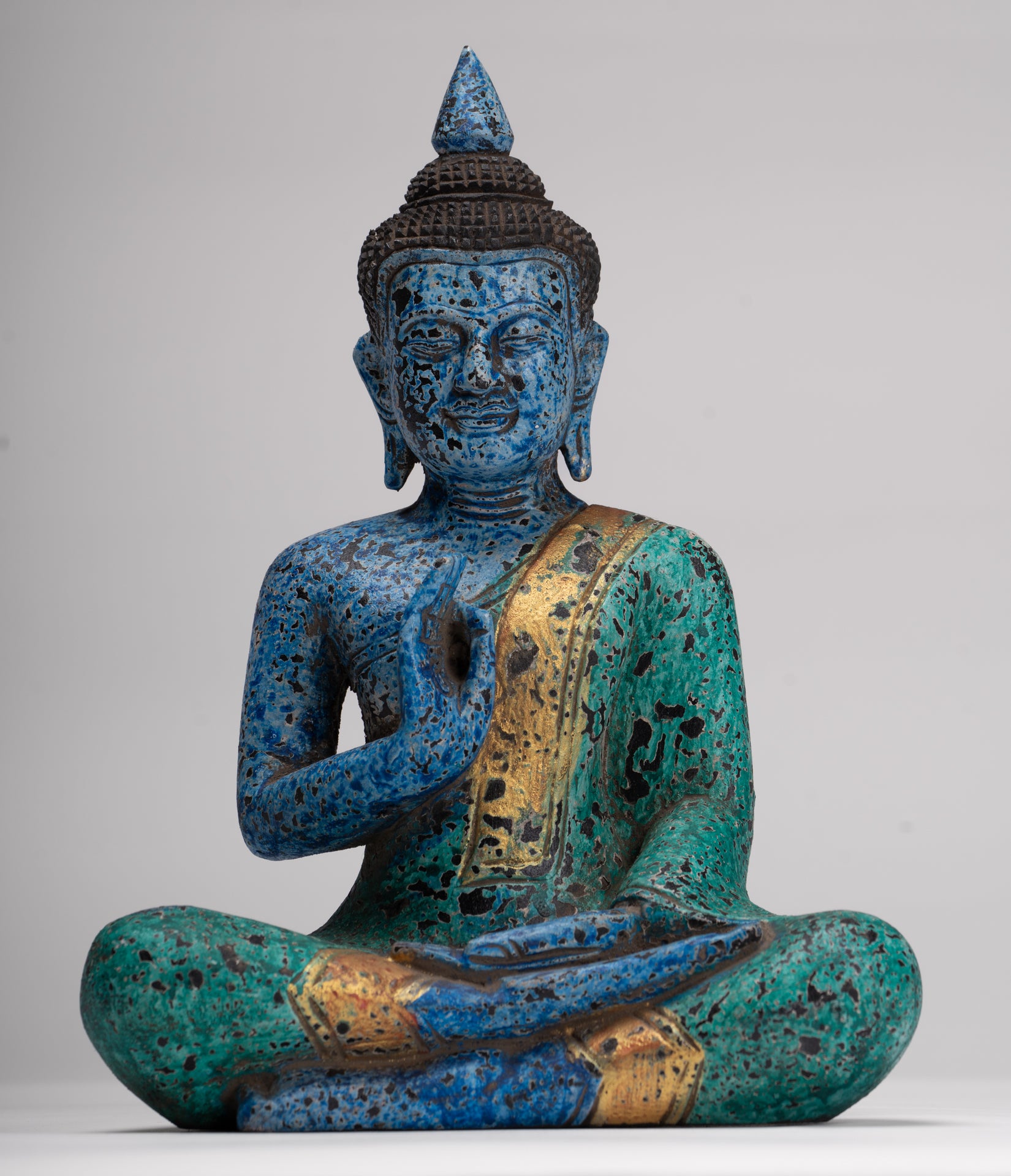 Buddha Statue - Antique Khmer Style Cambodia Seated Wood Buddha Statue Teaching Mudra - 27cm/11"