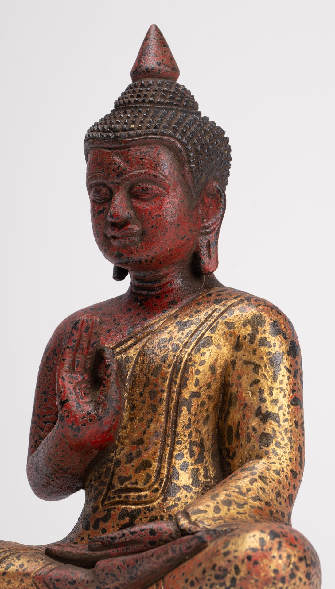 Buddha Statue - Antique Khmer Style Cambodia Seated Wood Buddha Statue Teaching Mudra - 26cm/10"