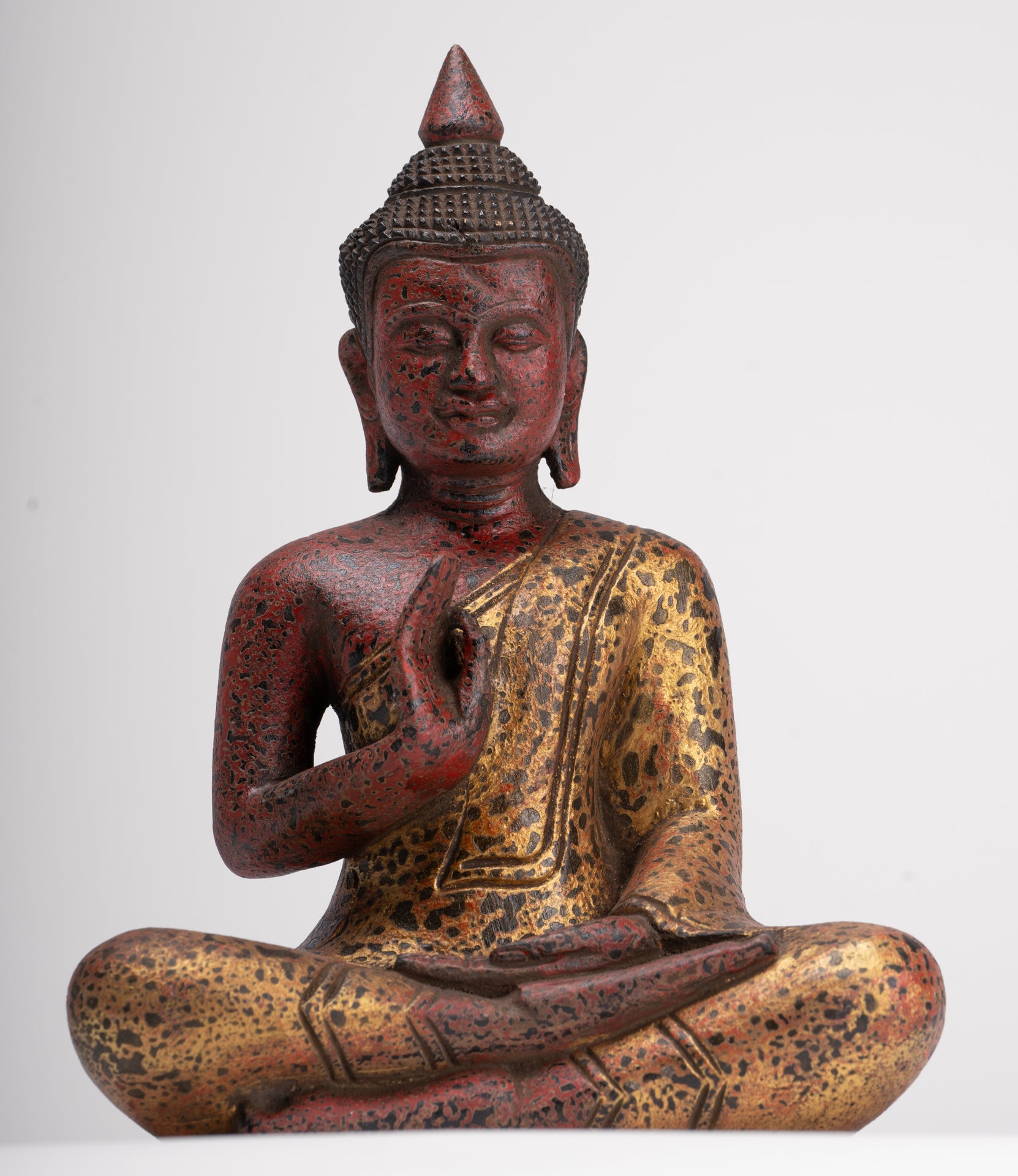 Buddha Statue - Antique Khmer Style Cambodia Seated Wood Buddha Statue Teaching Mudra - 26cm/10"