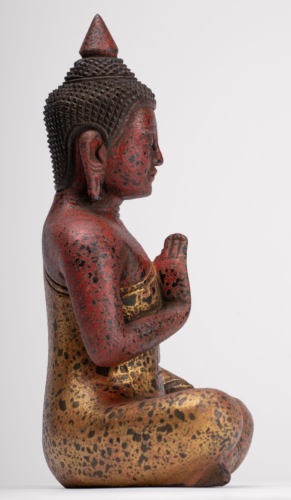 Buddha Statue - Antique Khmer Style Cambodia Seated Wood Buddha Statue Teaching Mudra - 26cm/10"