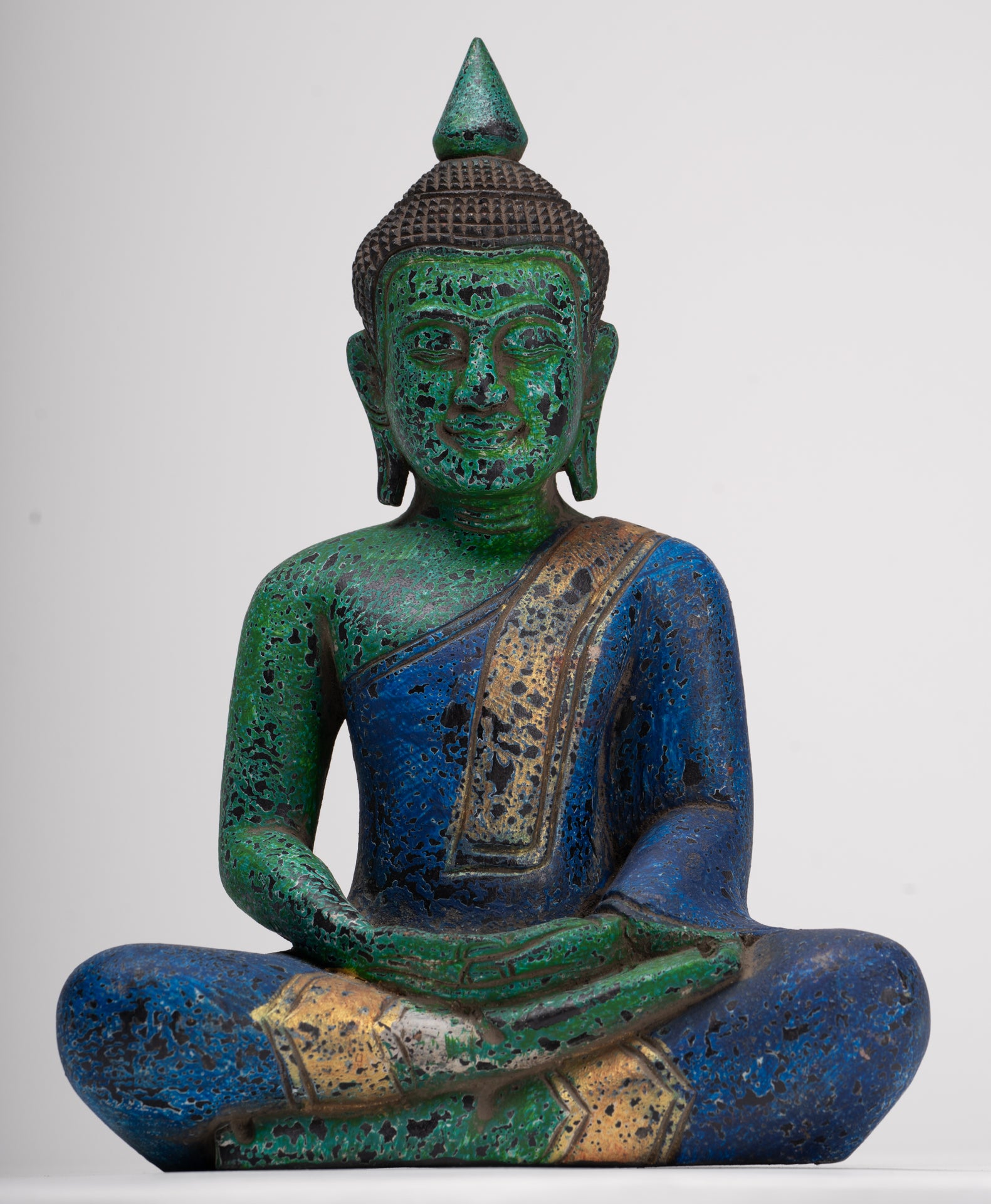 Buddha Sculpture - Antique Khmer Style Wood Seated Buddha Statue Dhyana Meditation Mudra - 28cm/11"
