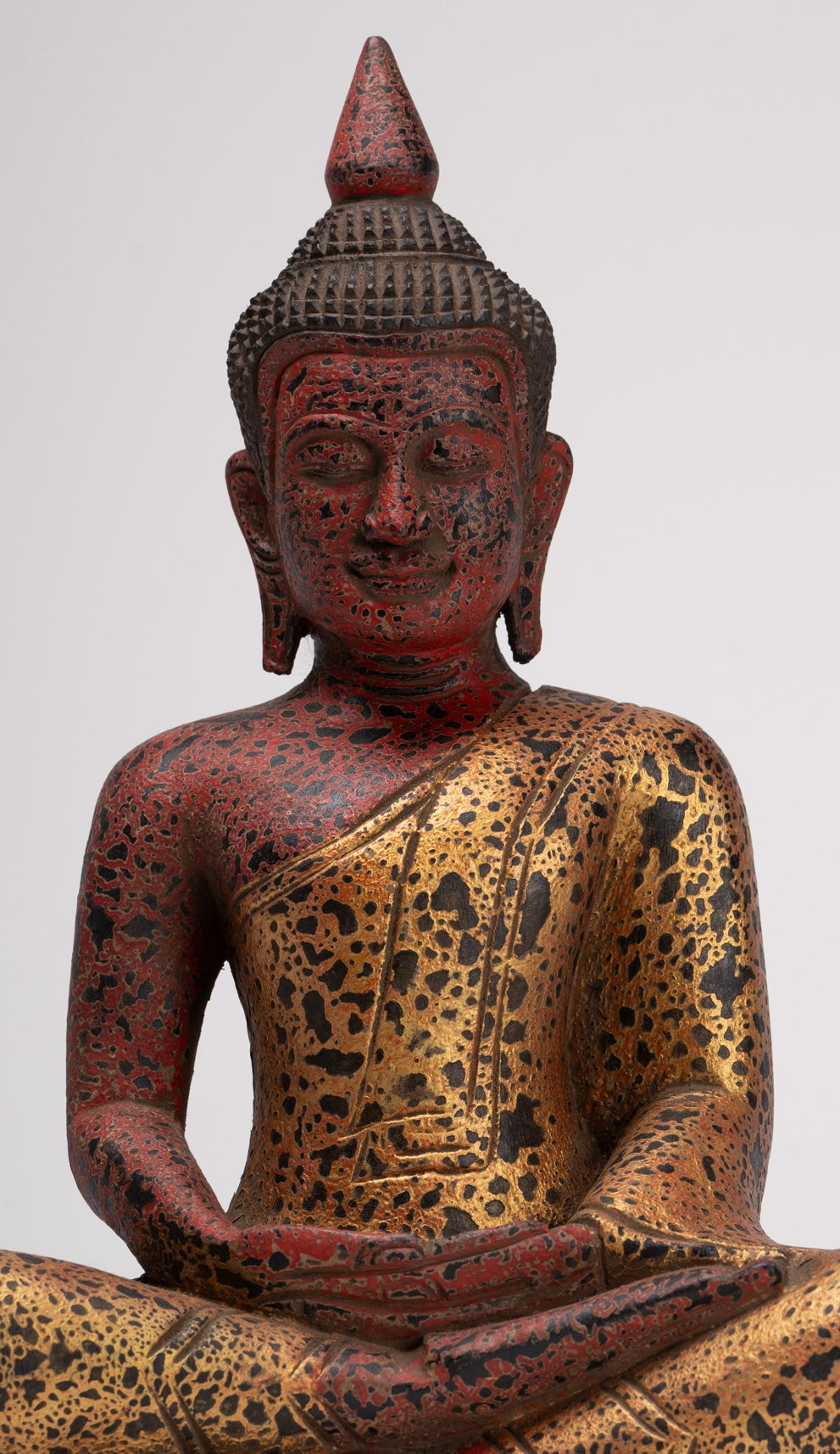 Buddha Sculpture - Antique Khmer Style Wood Seated Buddha Statue Dhyana Meditation Mudra - 33cm/13"