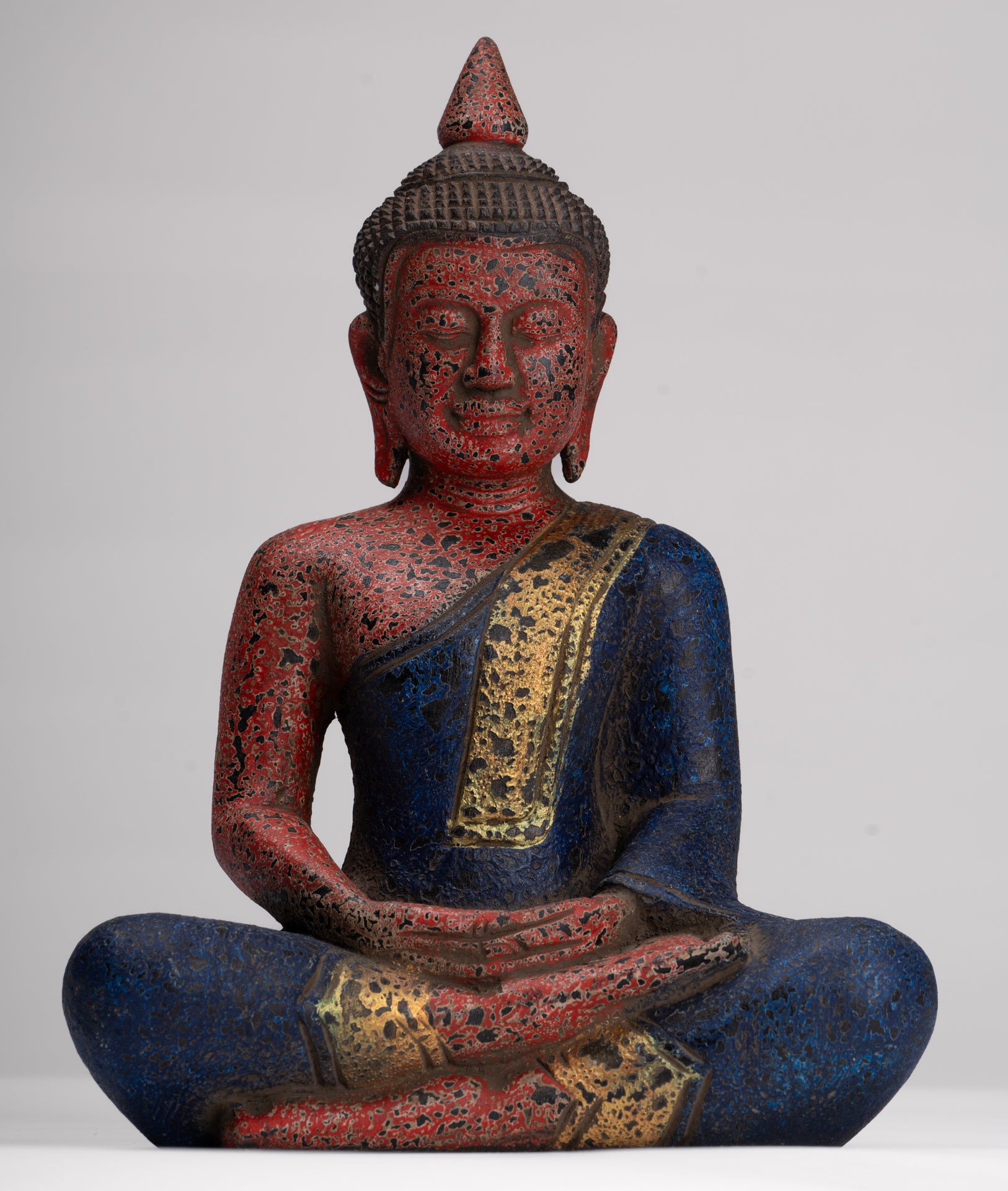 Buddha Sculpture - Antique Khmer Style Wood Seated Buddha Statue Dhyana Meditation Mudra - 26cm/11"