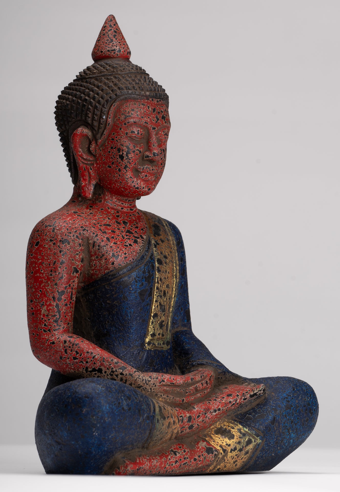 Buddha Sculpture - Antique Khmer Style Wood Seated Buddha Statue Dhyana Meditation Mudra - 26cm/11"