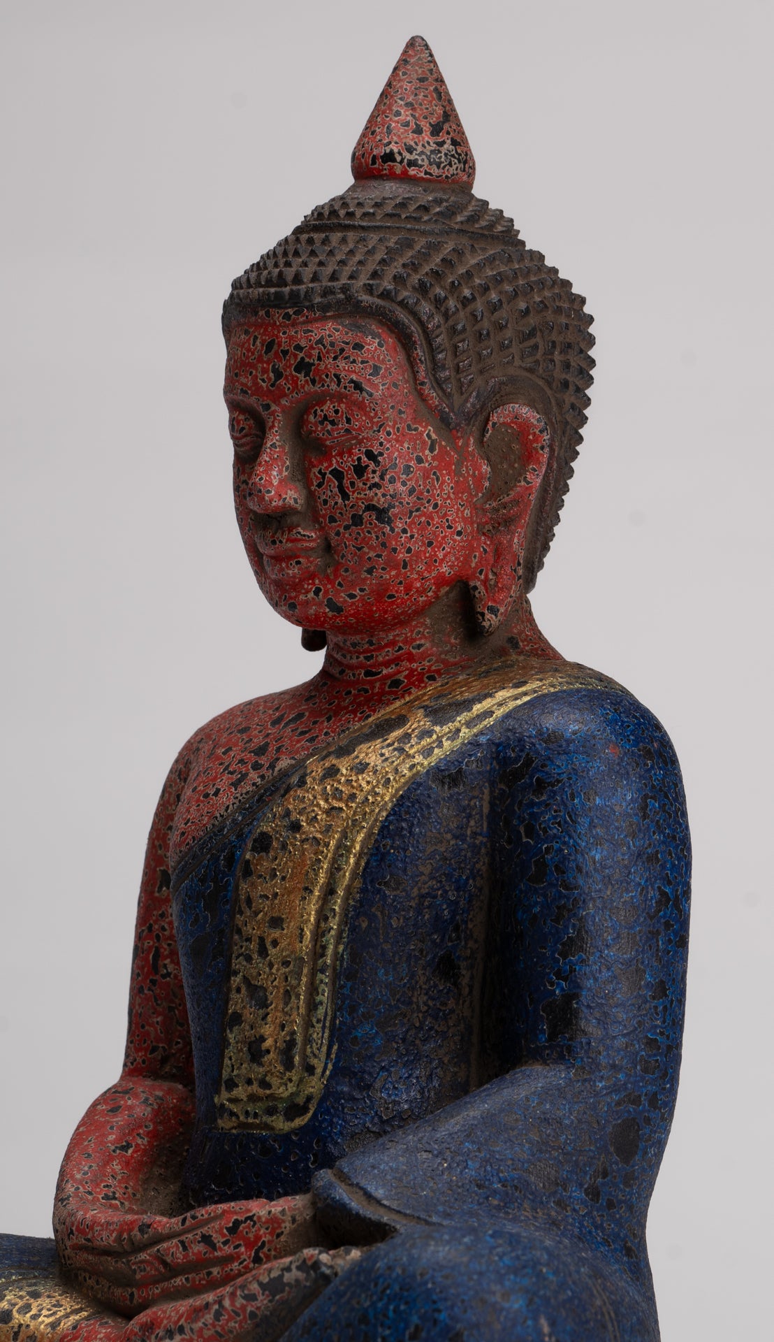 Buddha Sculpture - Antique Khmer Style Wood Seated Buddha Statue Dhyana Meditation Mudra - 26cm/11"