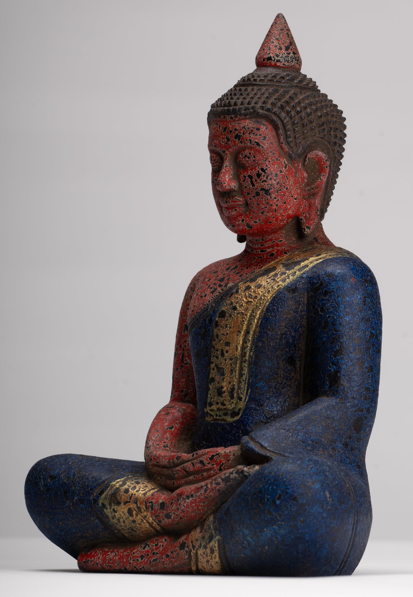 Buddha Sculpture - Antique Khmer Style Wood Seated Buddha Statue Dhyana Meditation Mudra - 26cm/11"