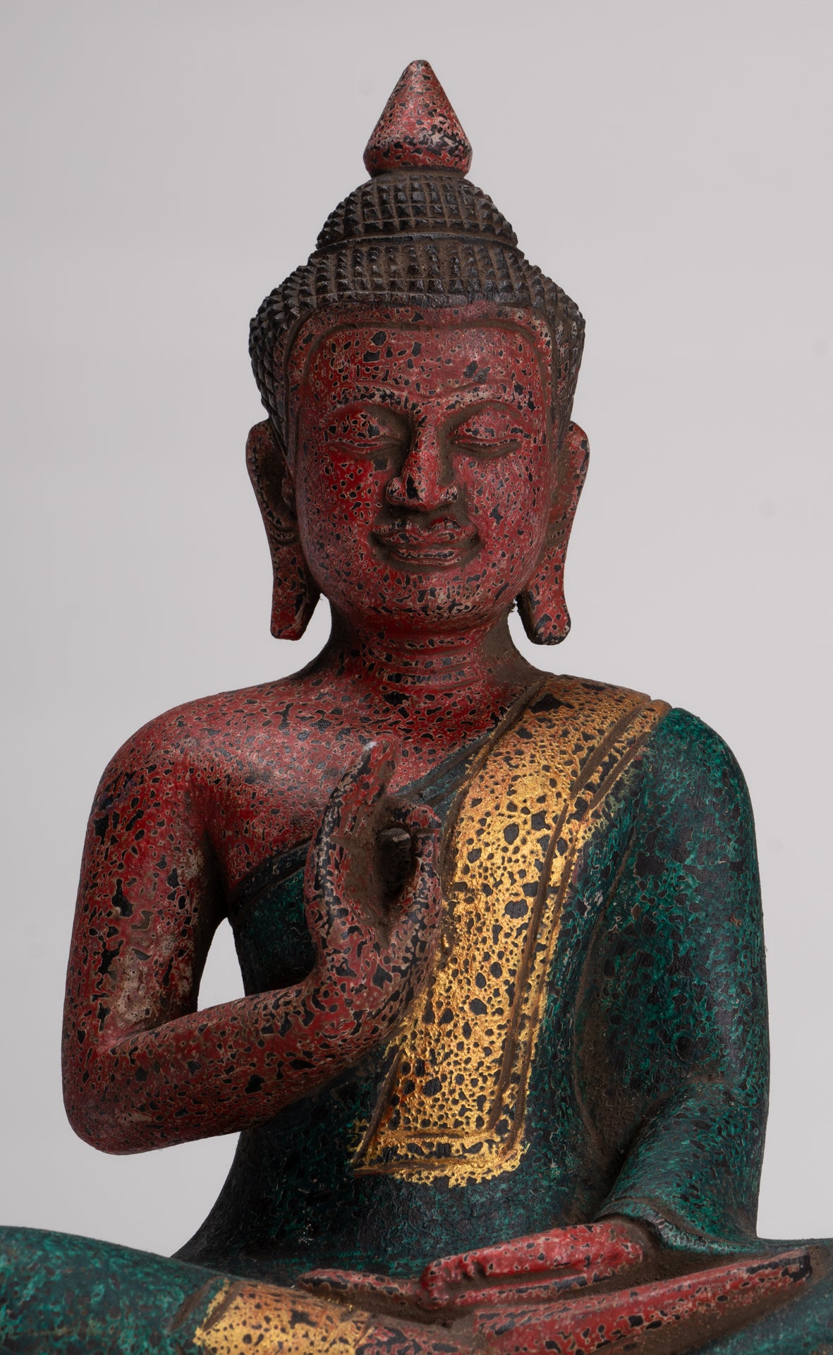 Buddha Statue - Antique Khmer Style Cambodia Seated Wood Buddha Statue Teaching Mudra - 26cm/10"