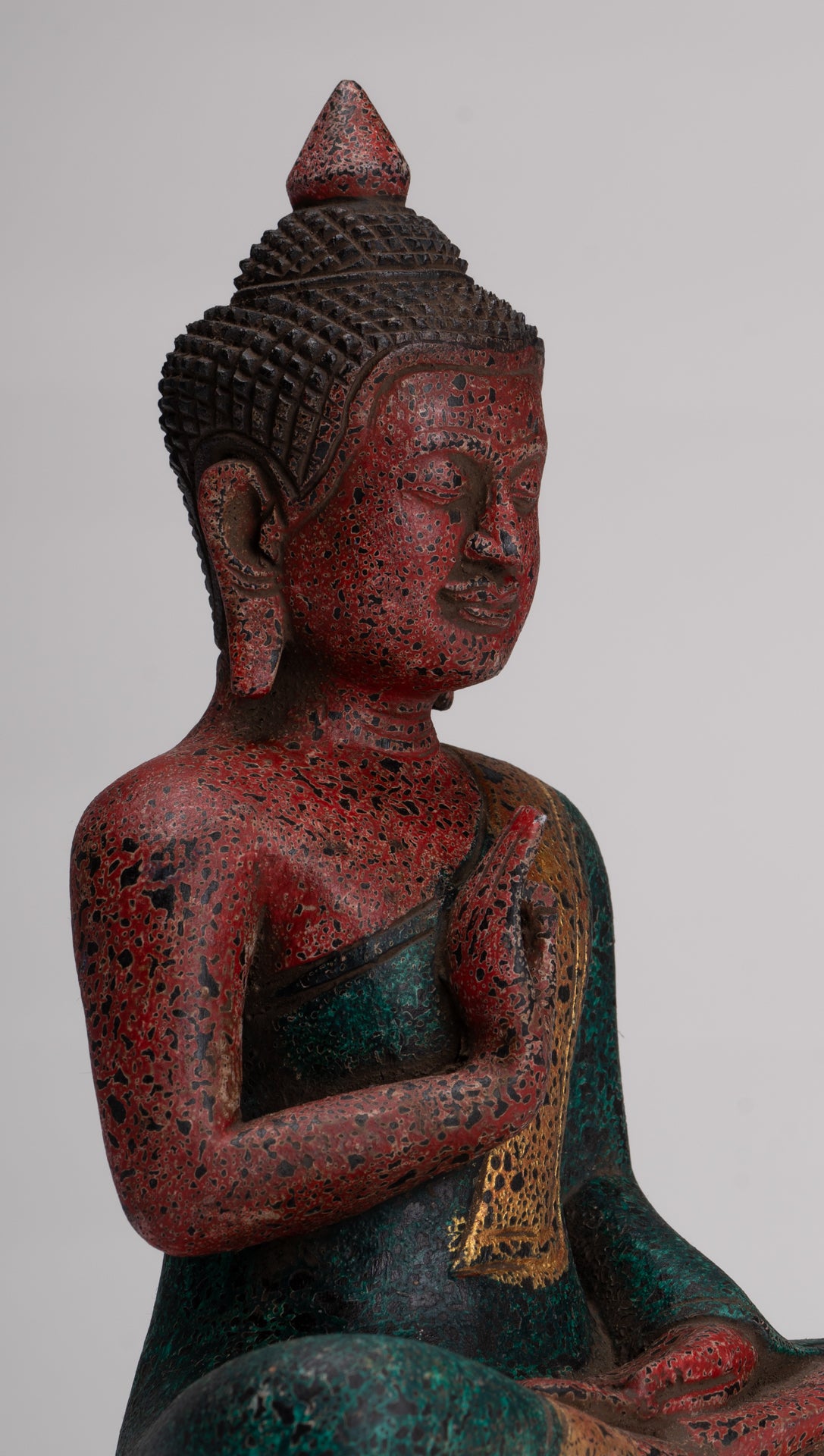 Buddha Statue - Antique Khmer Style Cambodia Seated Wood Buddha Statue Teaching Mudra - 26cm/10"