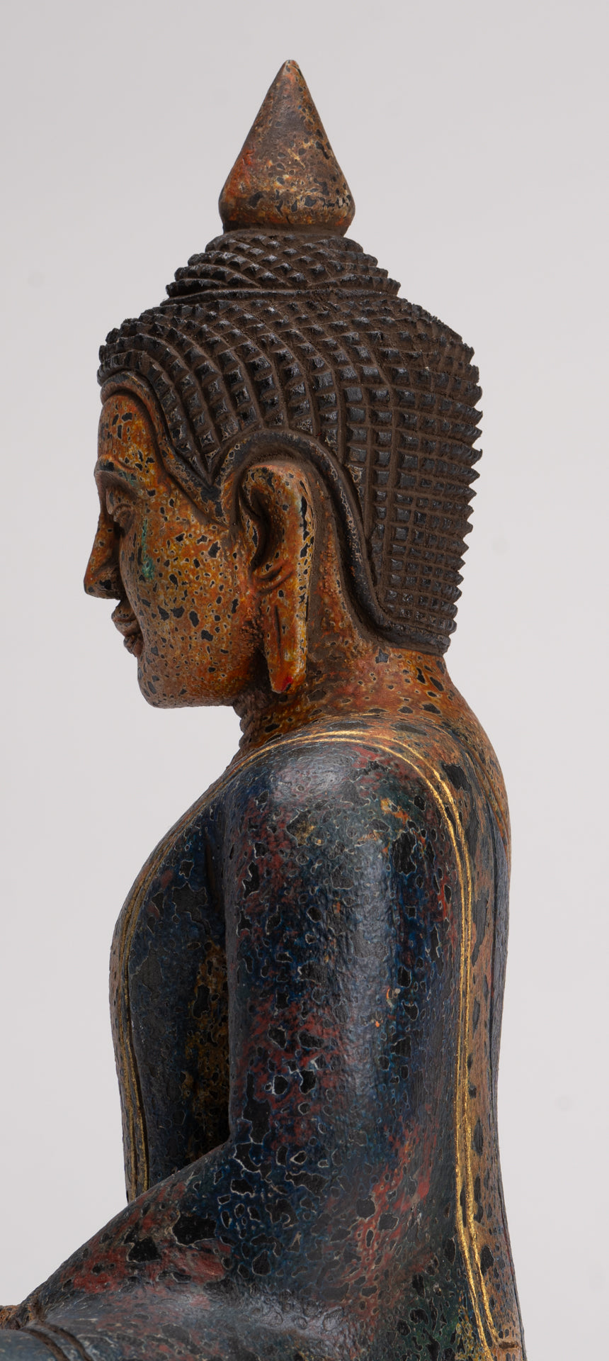 Buddha Sculpture - Antique Khmer Style Wood Seated Buddha Statue Dhyana Meditation Mudra - 28cm/11"