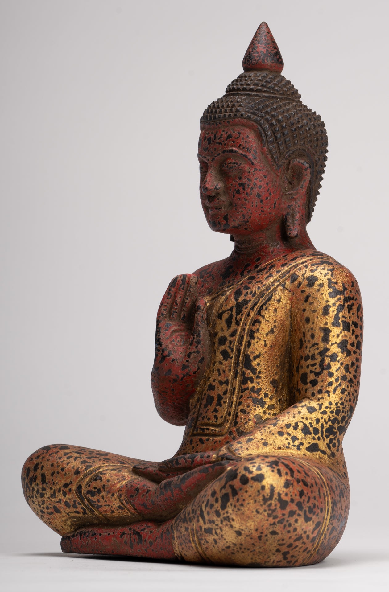 Buddha Statue - Antique Khmer Style Cambodia Seated Wood Buddha Statue Teaching Mudra - 26cm/10"