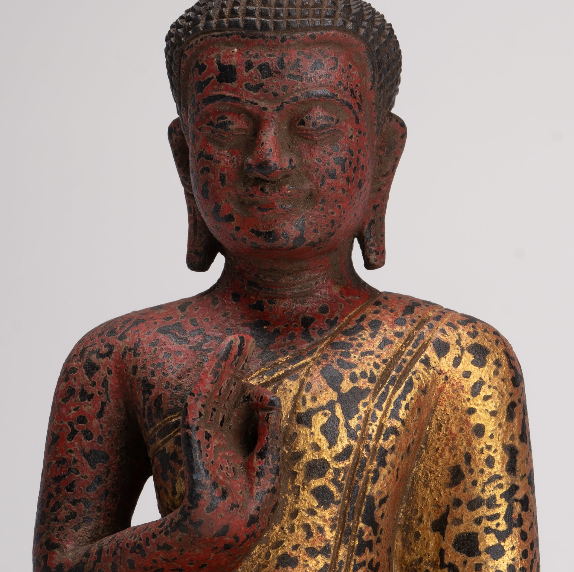 Buddha Statue - Antique Khmer Style Cambodia Seated Wood Buddha Statue Teaching Mudra - 26cm/10"