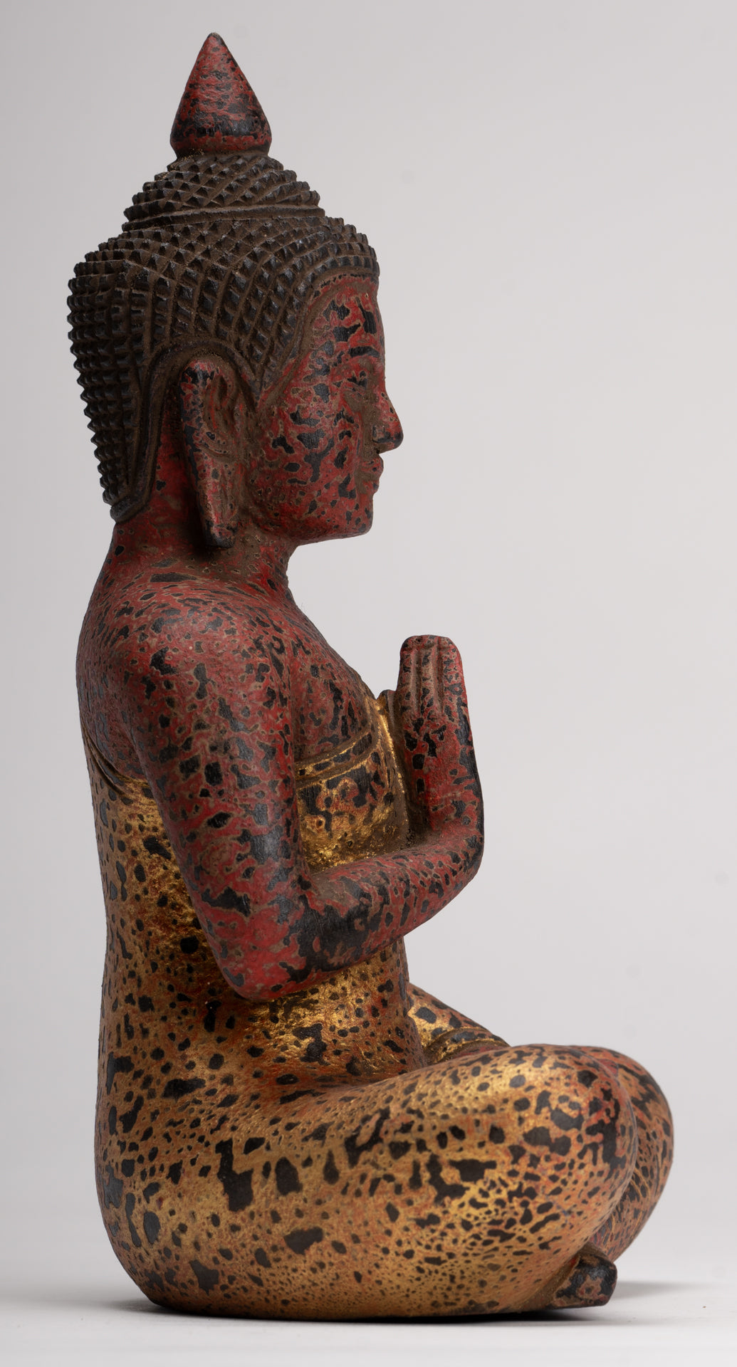 Buddha Statue - Antique Khmer Style Cambodia Seated Wood Buddha Statue Teaching Mudra - 26cm/10"