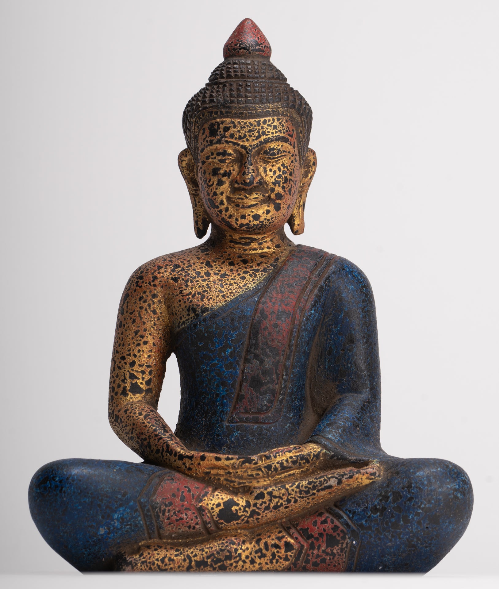 Buddha Sculpture - Antique Khmer Style Wood Seated Buddha Statue Dhyana Meditation Mudra - 26cm/11"