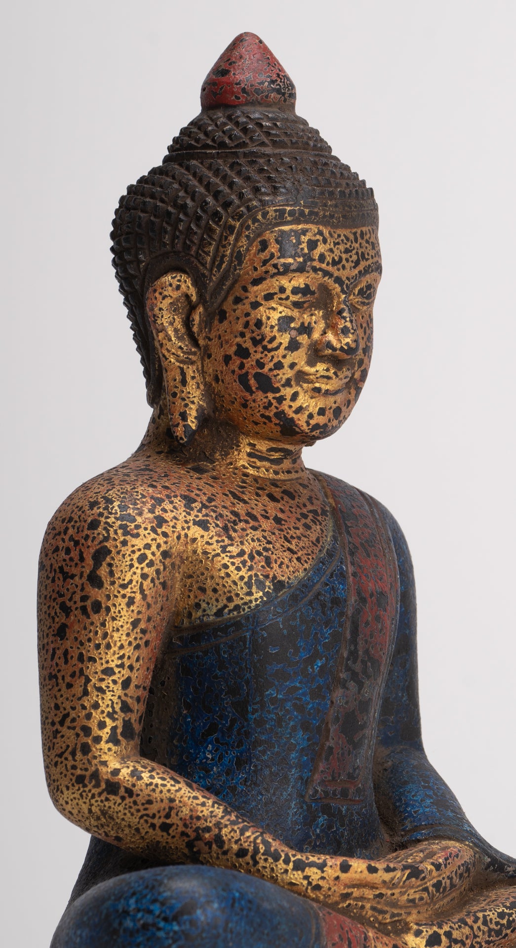 Buddha Sculpture - Antique Khmer Style Wood Seated Buddha Statue Dhyana Meditation Mudra - 26cm/11"