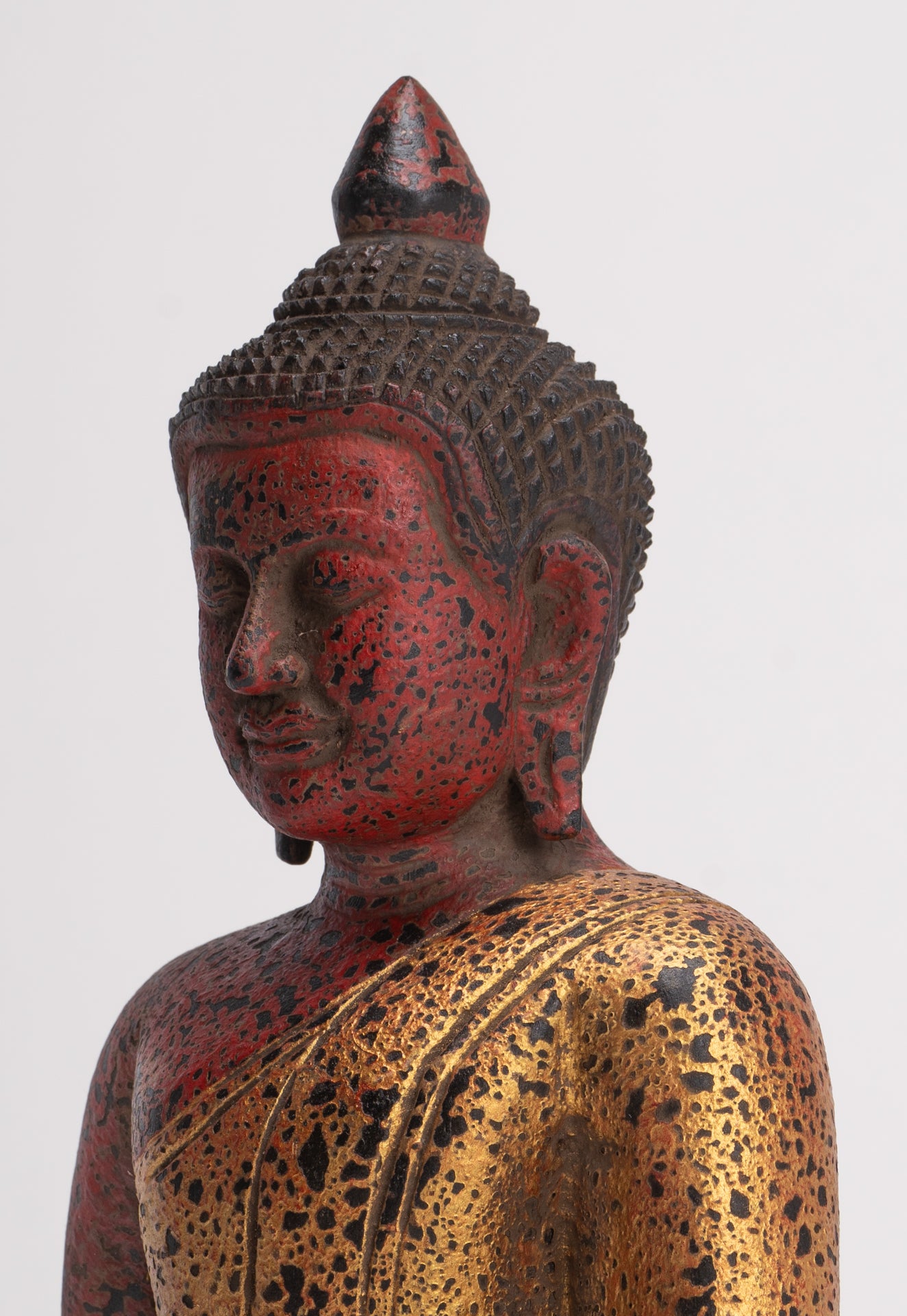 Buddha Sculpture - Antique Khmer Style Wood Seated Buddha Statue Dhyana Meditation Mudra - 26cm/11"