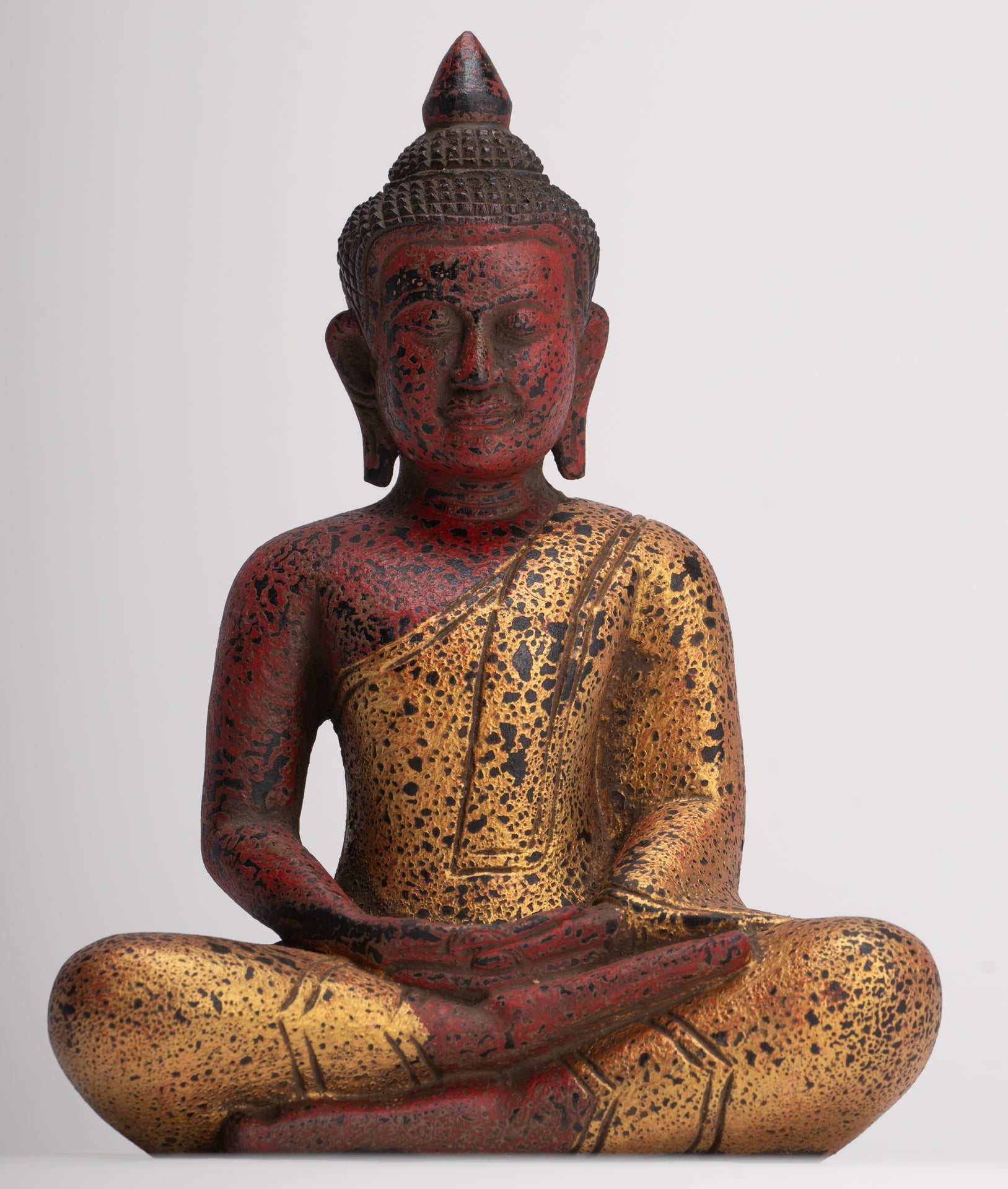 Buddha Sculpture - Antique Khmer Style Wood Seated Buddha Statue Dhyana Meditation Mudra - 26cm/11"