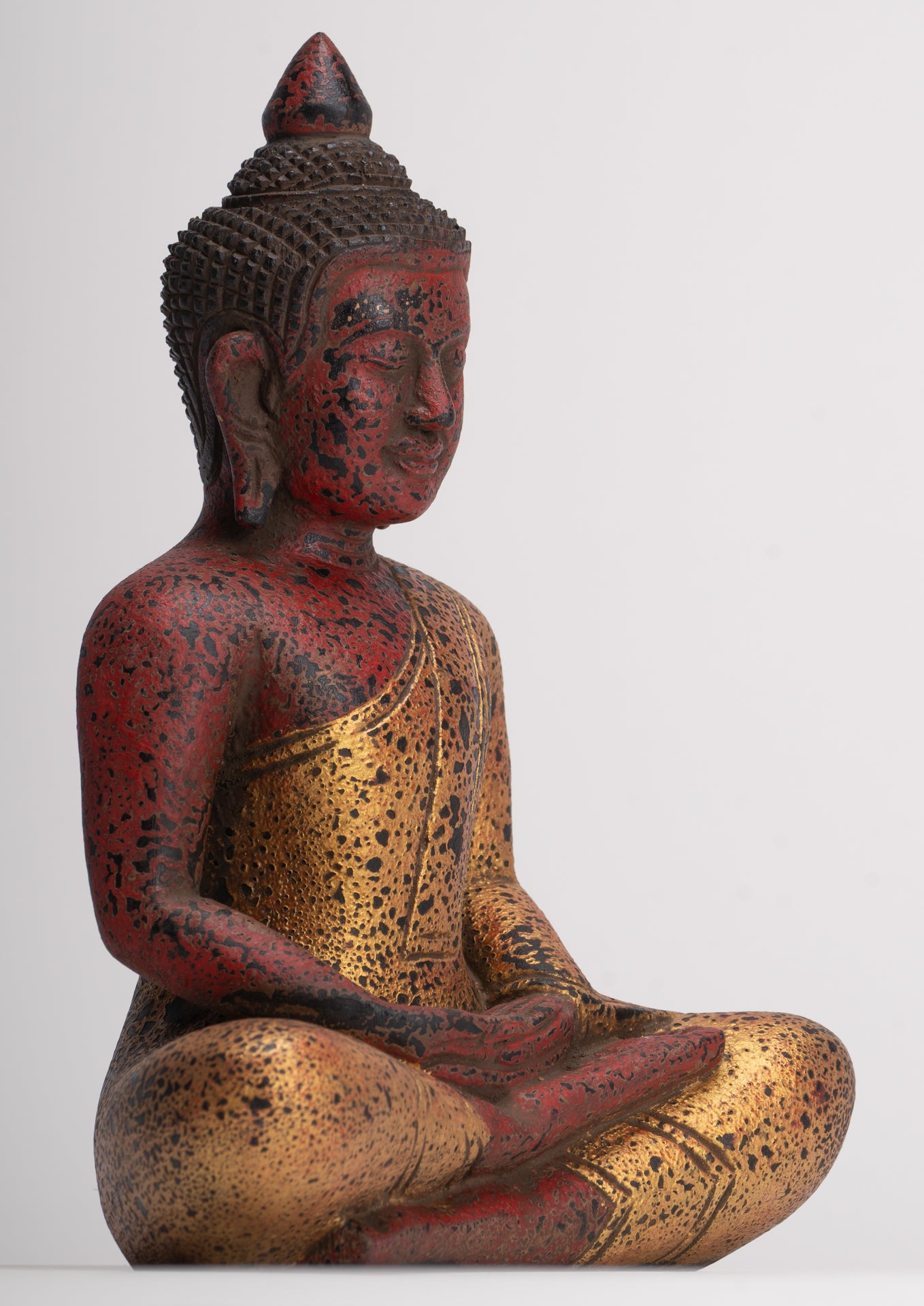 Buddha Sculpture - Antique Khmer Style Wood Seated Buddha Statue Dhyana Meditation Mudra - 26cm/11"
