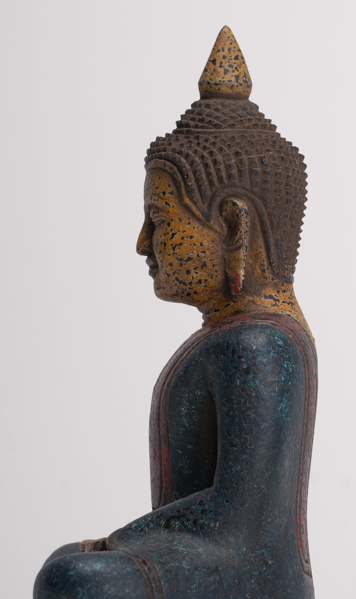 Buddha Sculpture - Antique Khmer Style Wood Seated Buddha Statue Dhyana Meditation Mudra - 20cm/8"