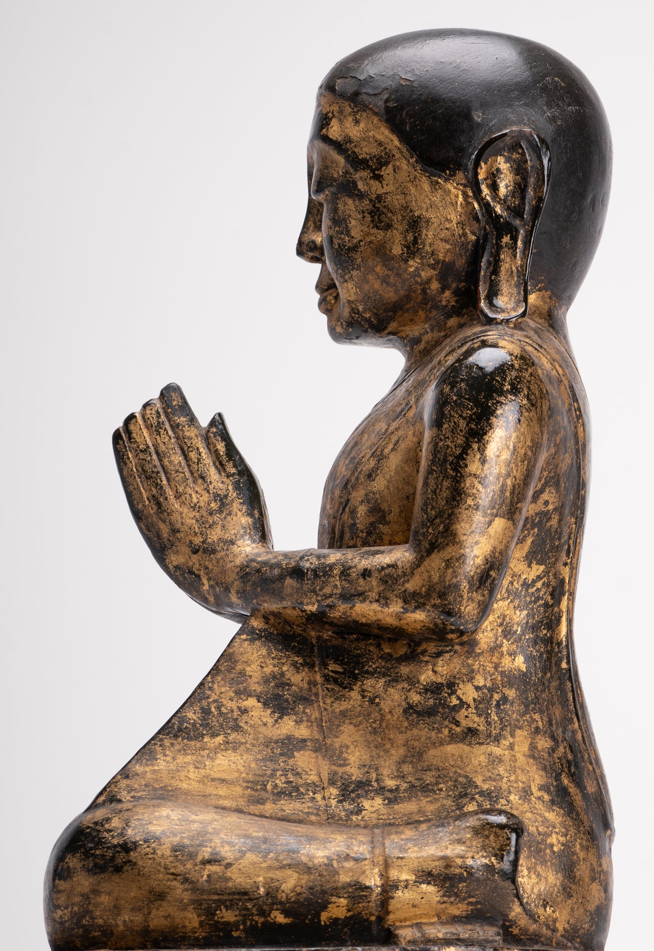 Antique Disciple Statue - Antique Burmese Style Wood Kneeling Buddha Disciple Statue - 44cm/18"