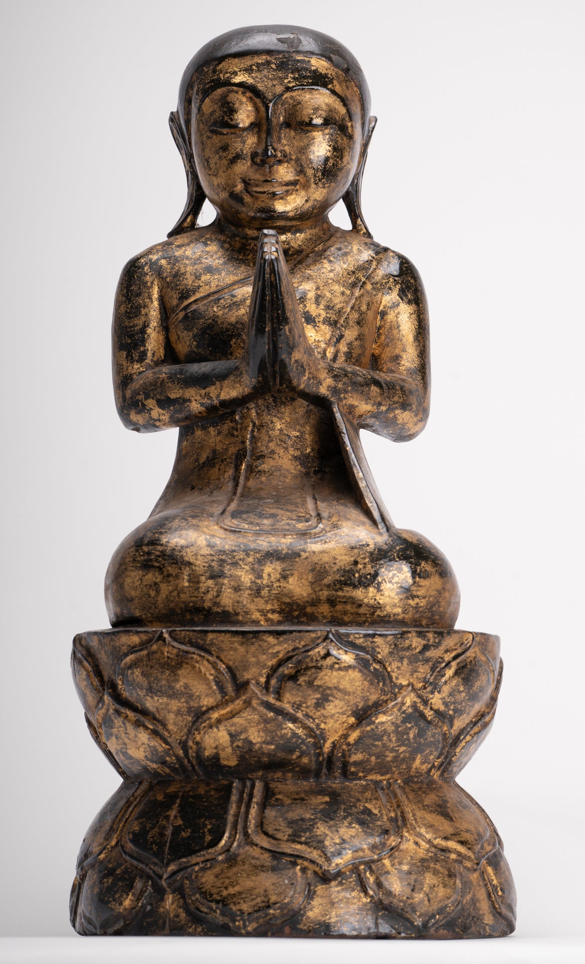 Antique Disciple Statue - Antique Burmese Style Wood Kneeling Buddha Disciple Statue - 44cm/18"