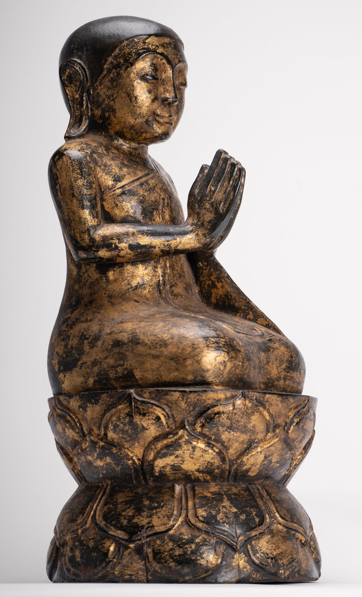 Antique Disciple Statue - Antique Burmese Style Wood Kneeling Buddha Disciple Statue - 44cm/18"