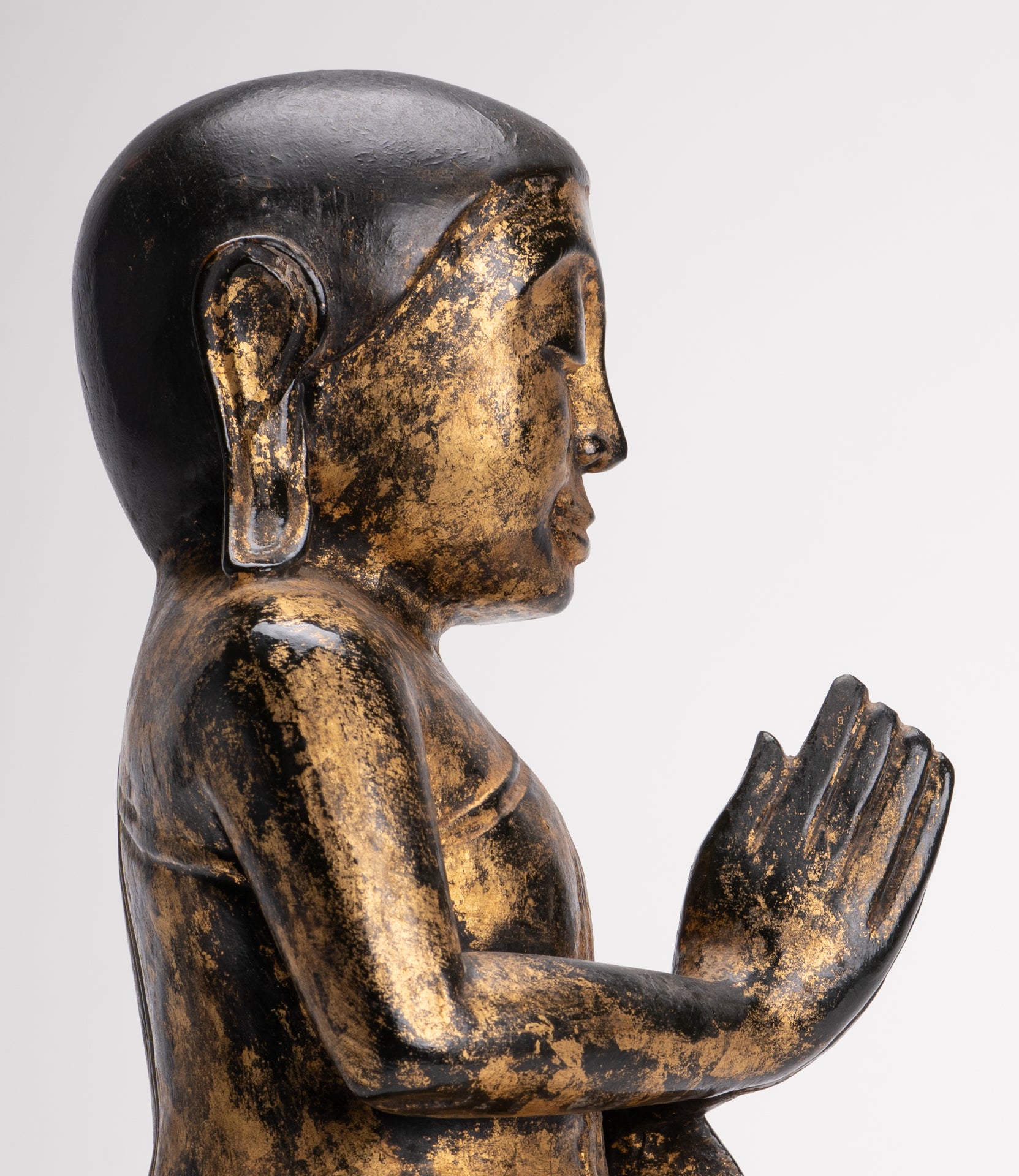 Antique Disciple Statue - Antique Burmese Style Wood Kneeling Buddha Disciple Statue - 44cm/18"