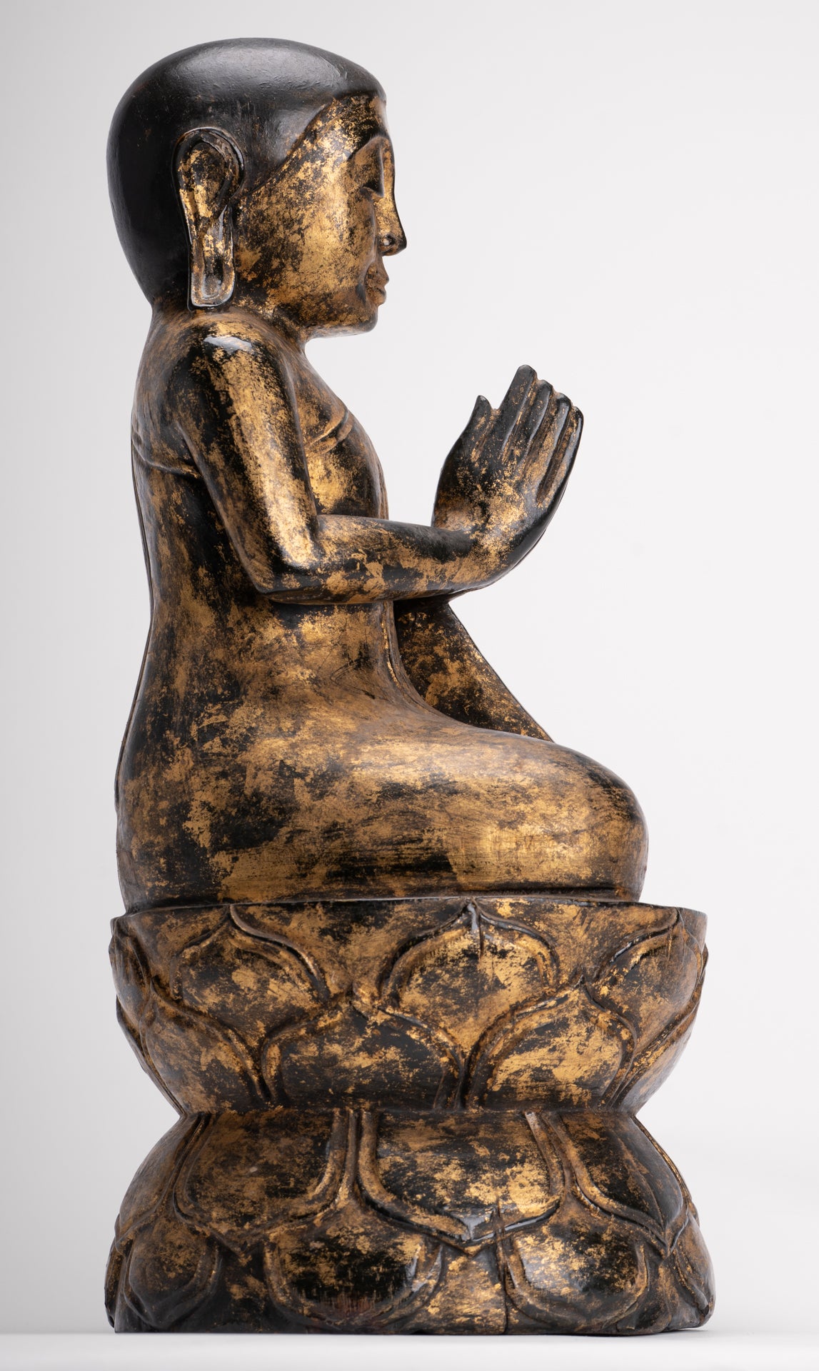 Antique Disciple Statue - Antique Burmese Style Wood Kneeling Buddha Disciple Statue - 44cm/18"