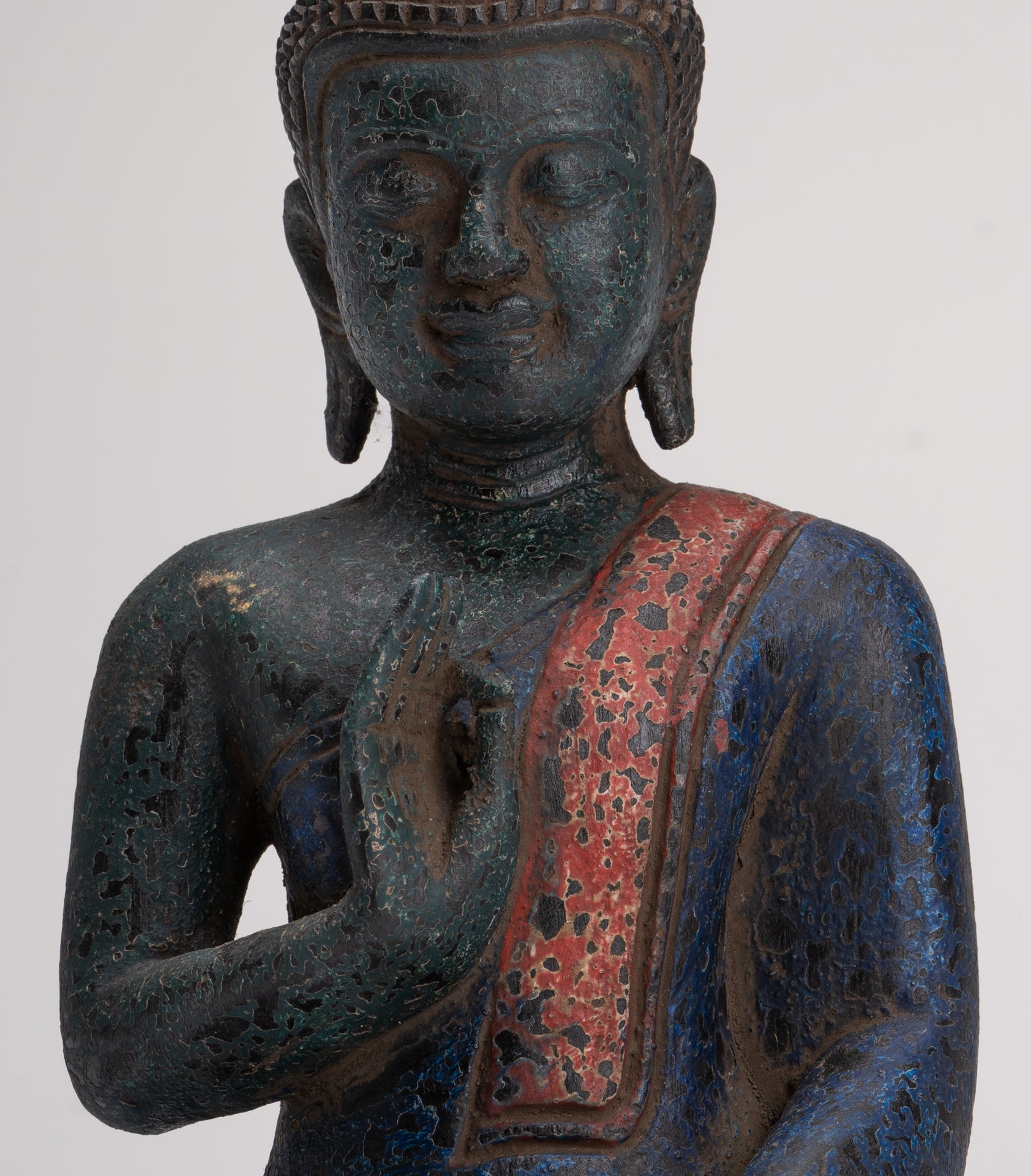 Buddha Statue - Antique Khmer Style Cambodia Seated Wood Buddha Statue Teaching Mudra - 27cm/11"