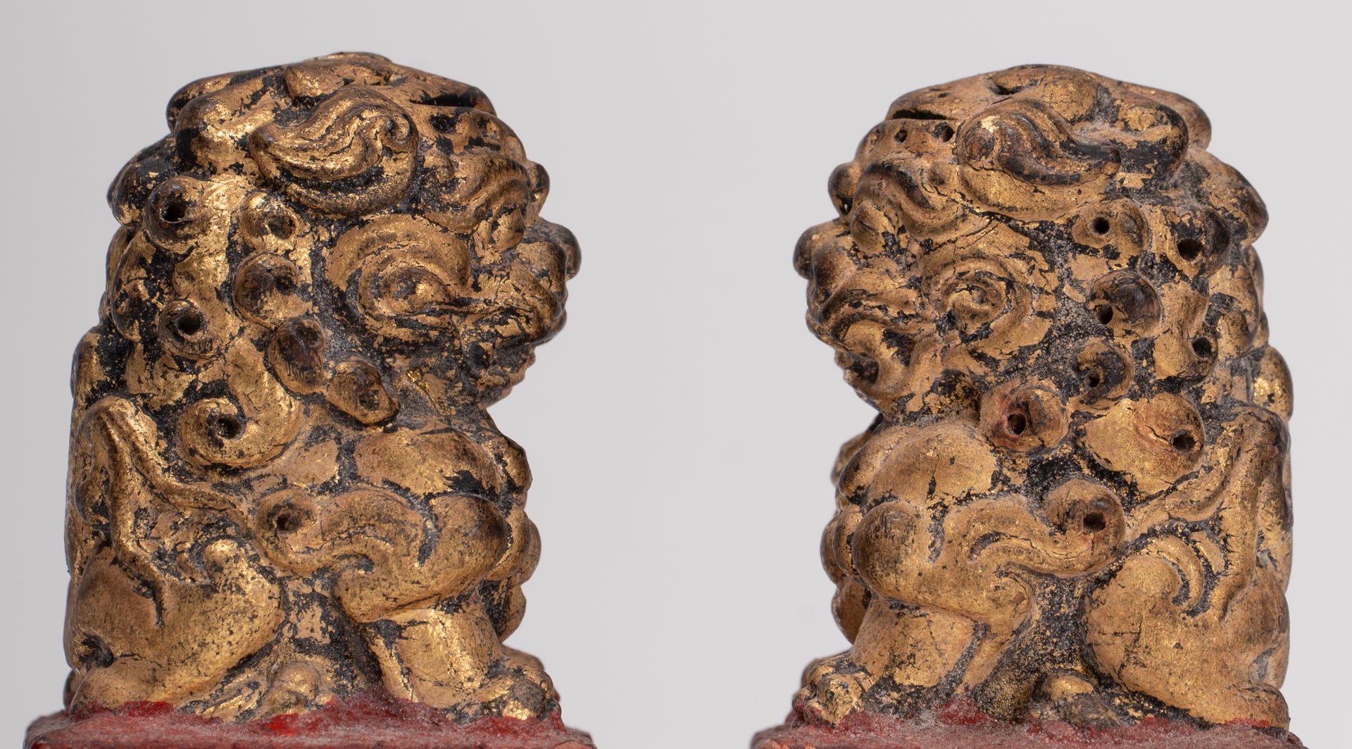 Antique Chinese Style Wood Temple Guardian Lions Shishi Lions Foo Dogs Imperial Lions (Pair) - 8cm/3"