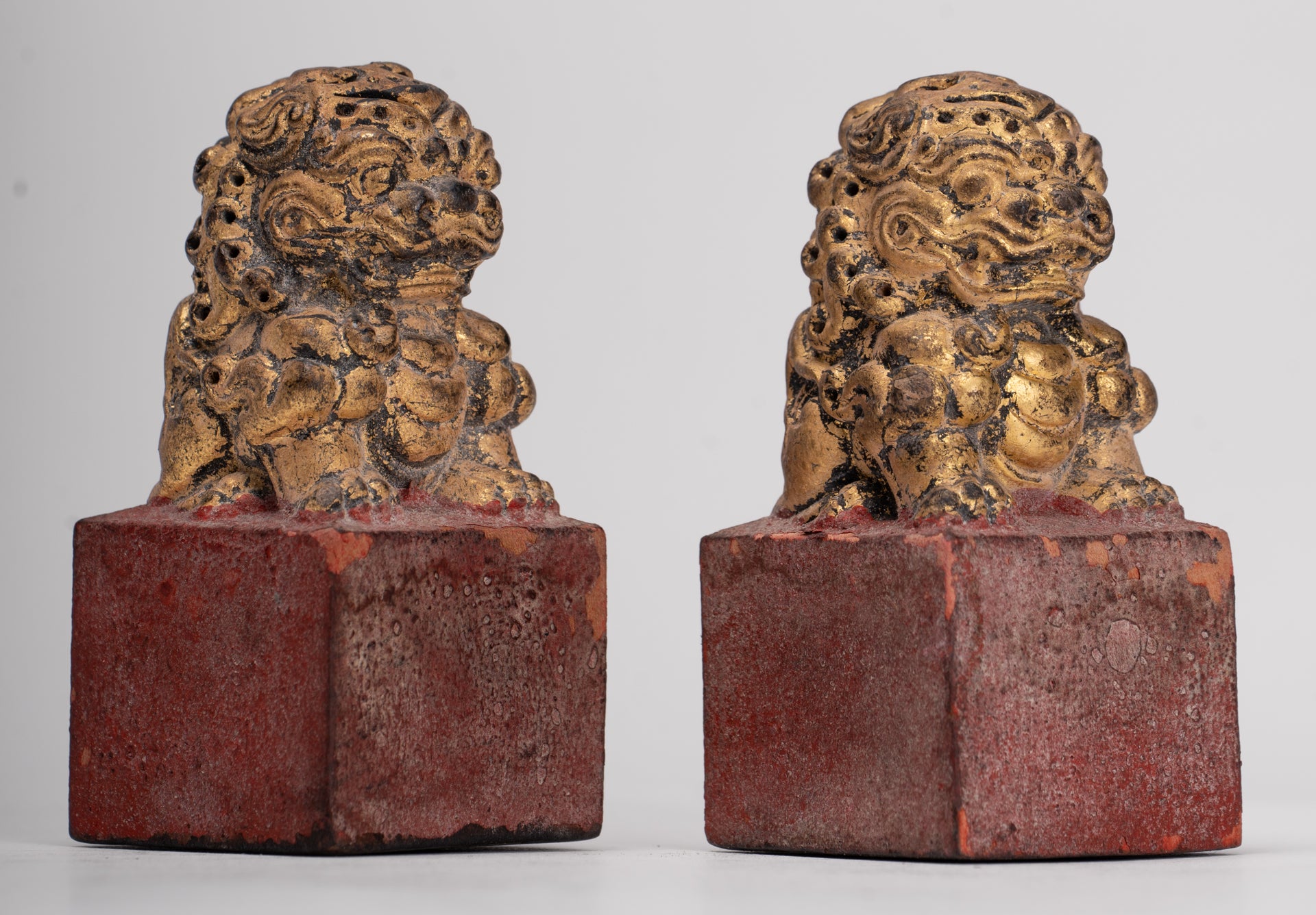 Antique Chinese Style Wood Temple Guardian Lions Shishi Lions Foo Dogs Imperial Lions (Pair) - 8cm/3"