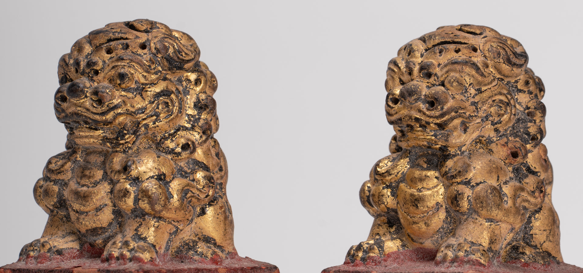 Antique Chinese Style Wood Temple Guardian Lions Shishi Lions Foo Dogs Imperial Lions (Pair) - 8cm/3"