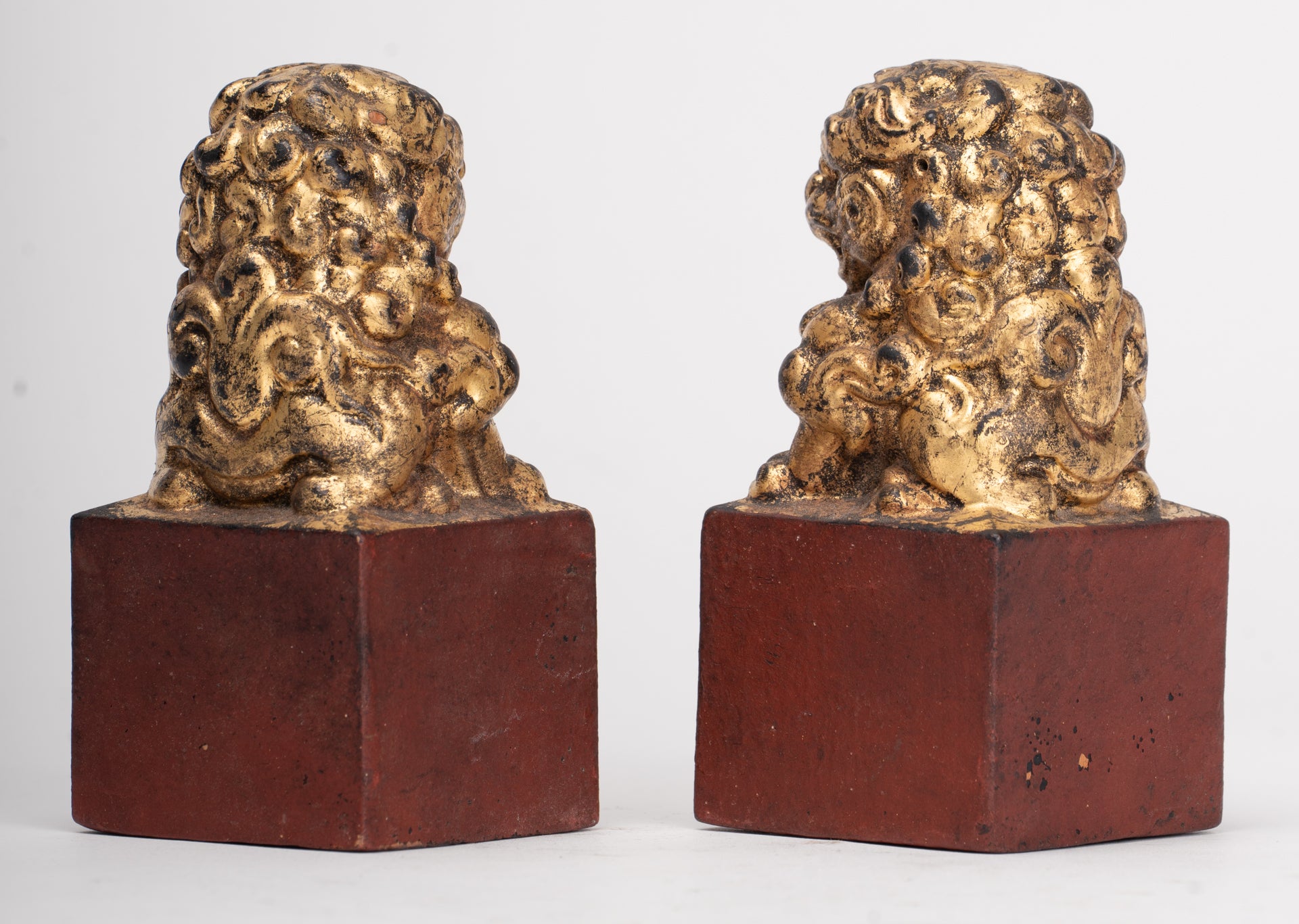 Antique Chinese Style Wood Temple Guardian Lions Shishi Lions Foo Dogs Imperial Lions (Pair) - 9.5cm/4"