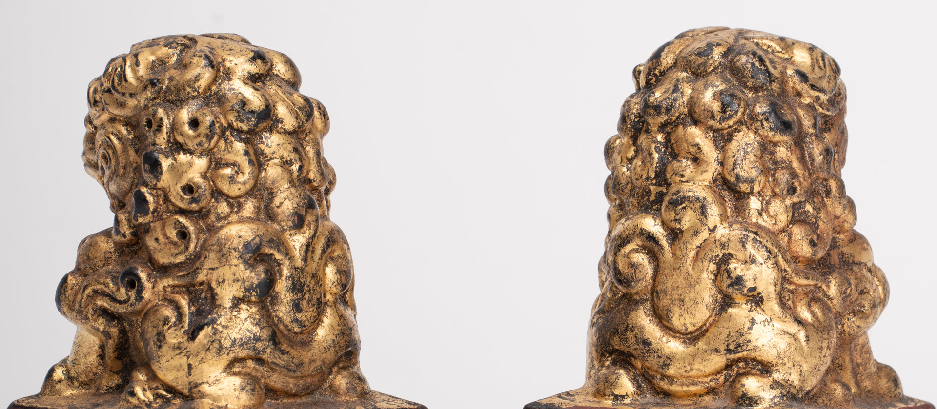 Antique Chinese Style Wood Temple Guardian Lions Shishi Lions Foo Dogs Imperial Lions (Pair) - 9.5cm/4"