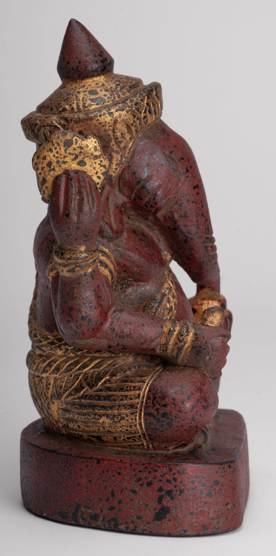 Ganesh Statue - Antique Khmer Style Seated Wood Ganesha Statue - 22cm/9"