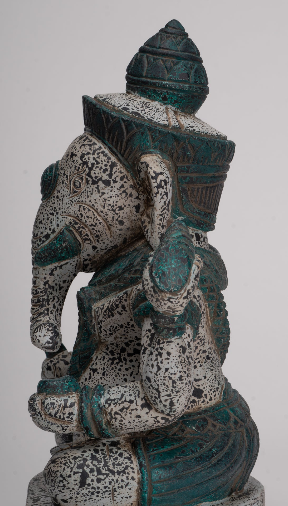 Ganesh Statue - Antique Khmer Style Seated Wood Ganesha Statue - 34cm/14"