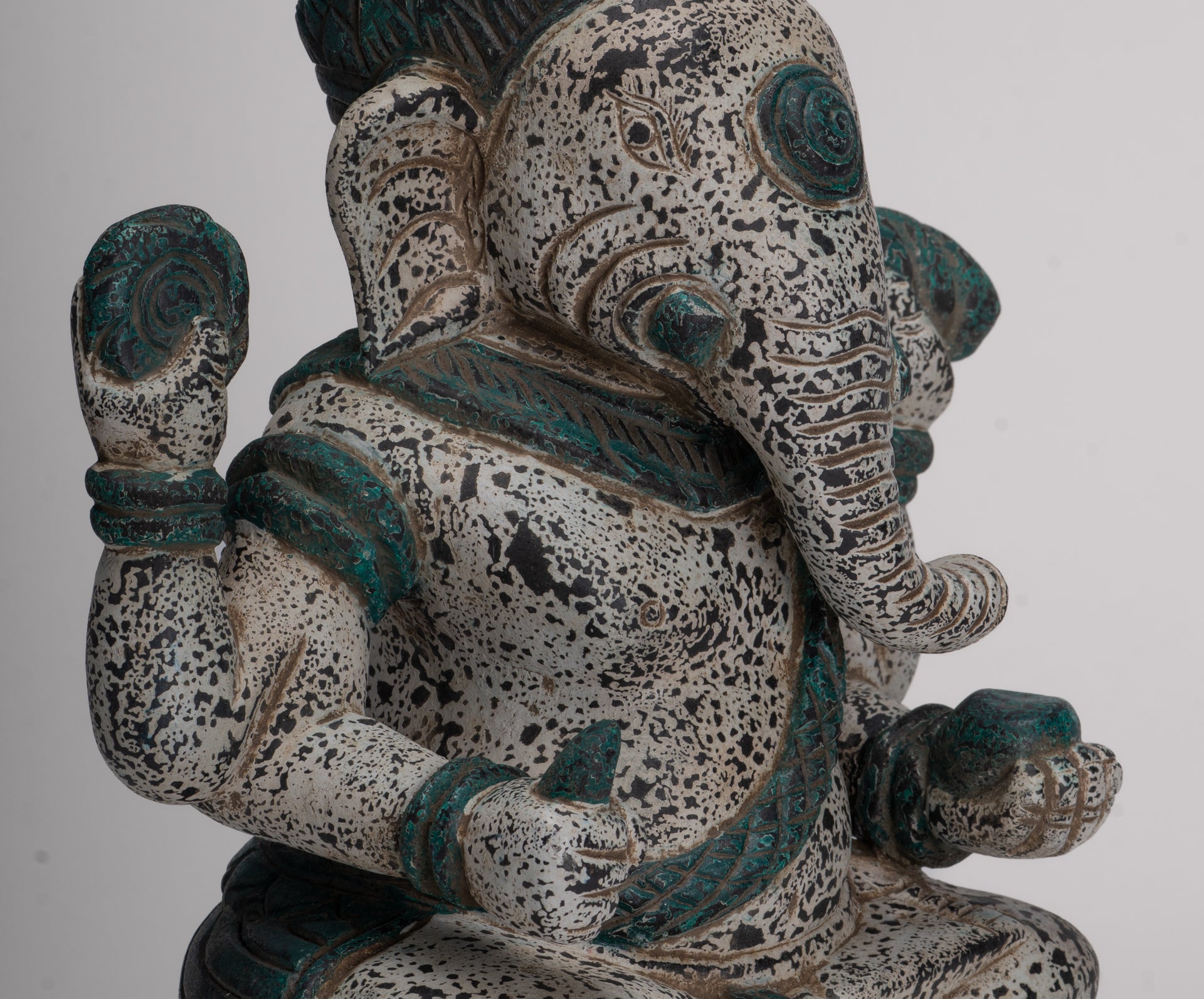 Ganesh Statue - Antique Khmer Style Seated Wood Ganesha Statue - 34cm/14"