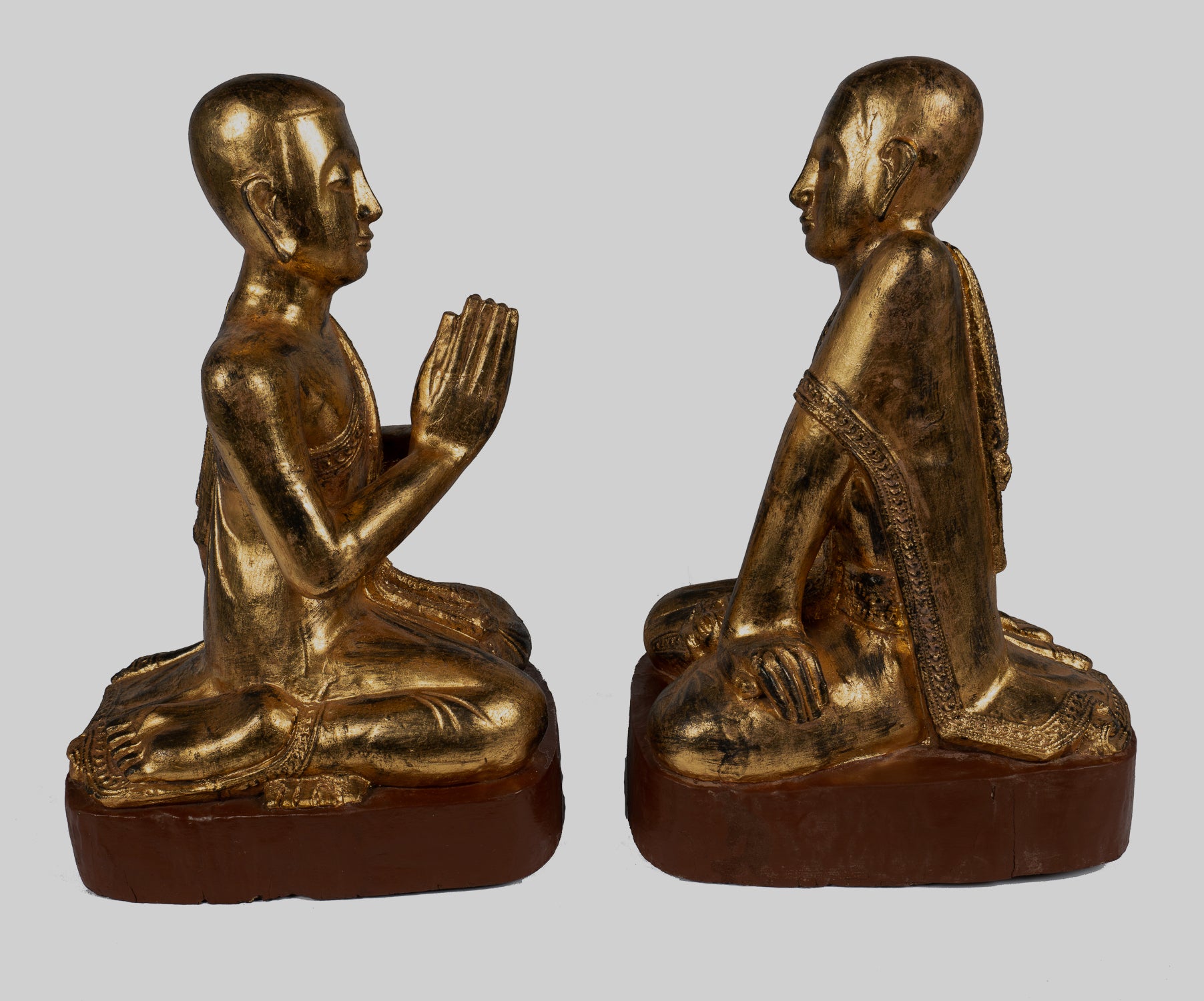 Antique Disciple Statues - Antique Burmese Style Wood Kneeling Buddha Disciples Statue (Pair) - 50cm/20"