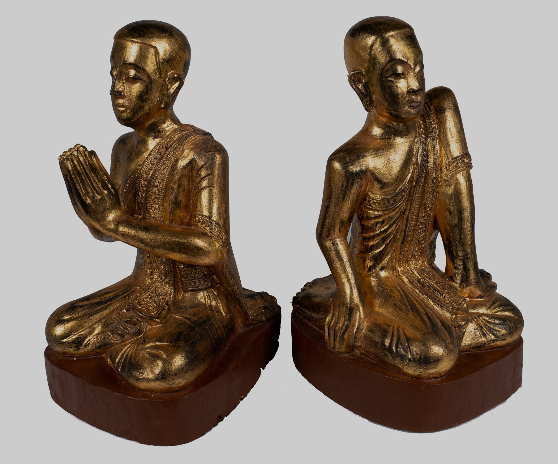 Antique Disciple Statues - Antique Burmese Style Wood Kneeling Buddha Disciples Statue (Pair) - 50cm/20"