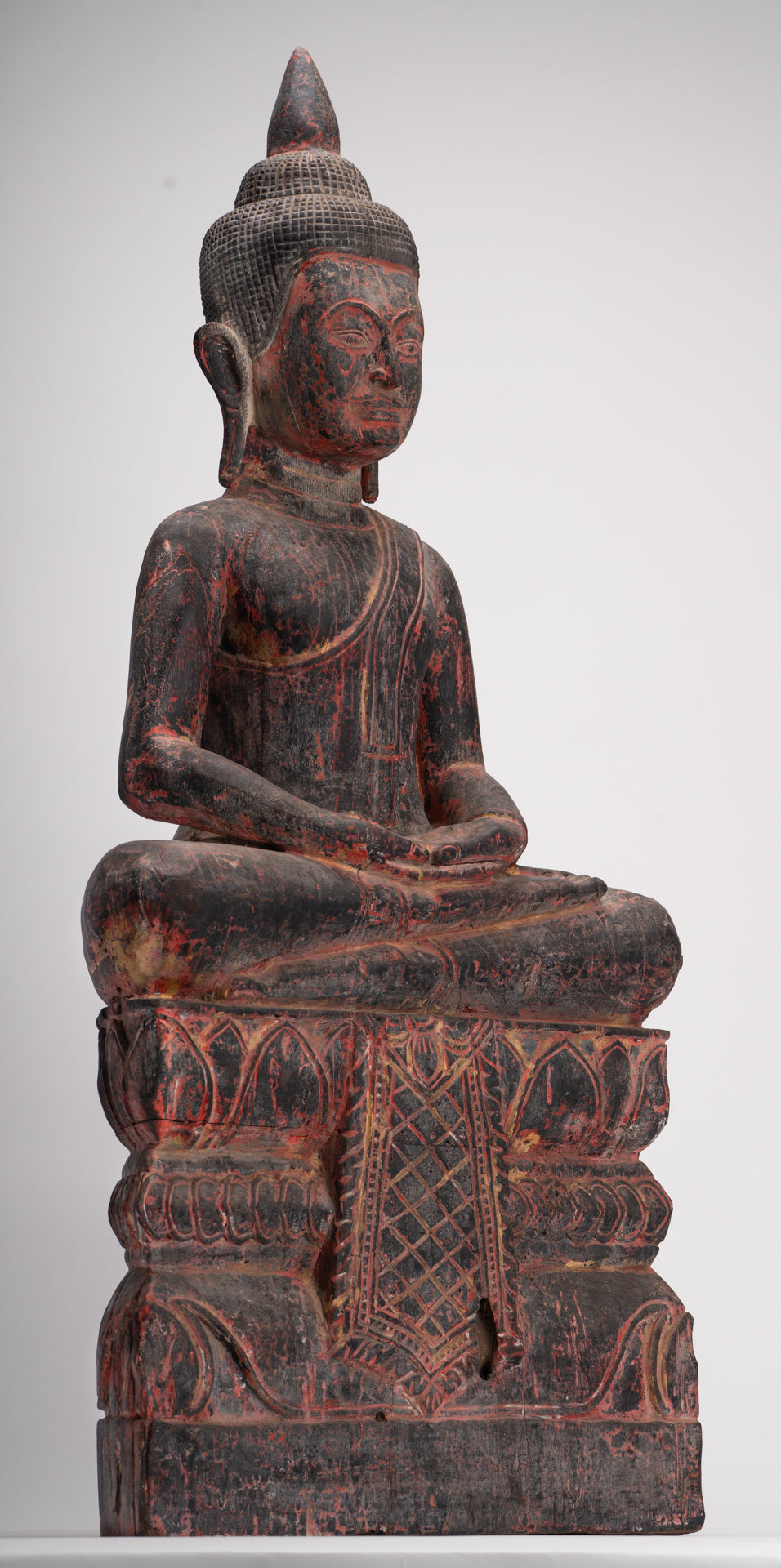 Buddha Statue - Antique Khmer Style SE Asia Seated Wood Meditation Buddha Statue - 85cm/34"