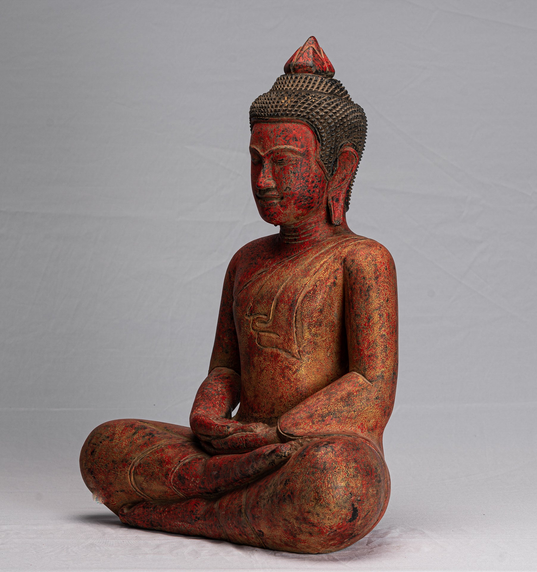 Buddha Statue - Antique Khmer Style SE Asia Seated Wood Meditation Buddha Statue - 51cm/20"