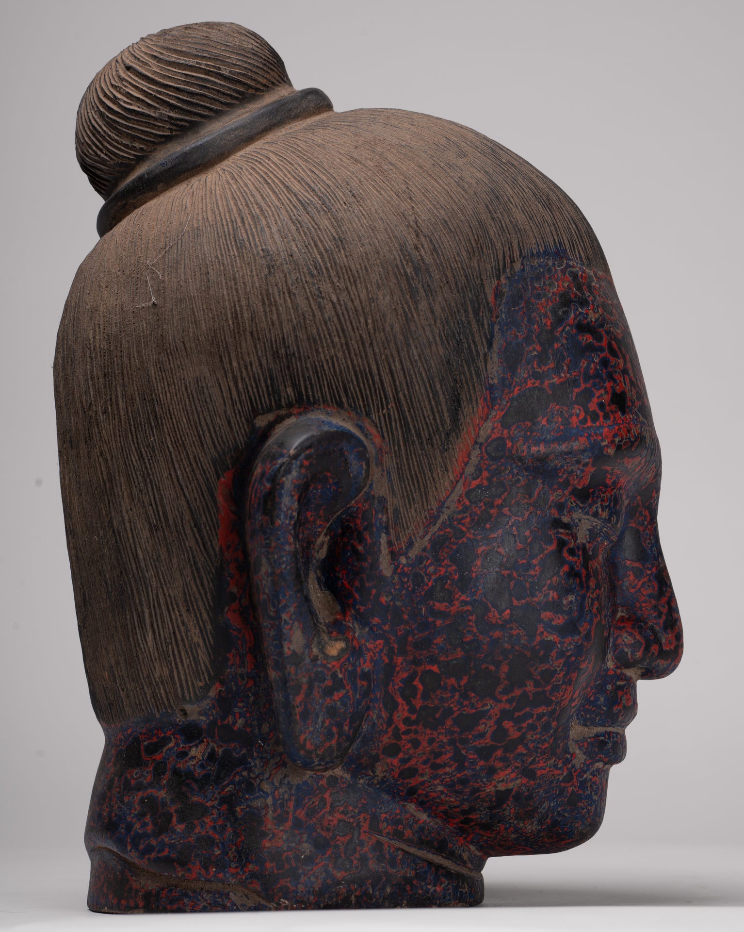 Jayavarman Statue - Antique Khmer Style Wood Jayavarman VII Head Statue - 29cm/12"