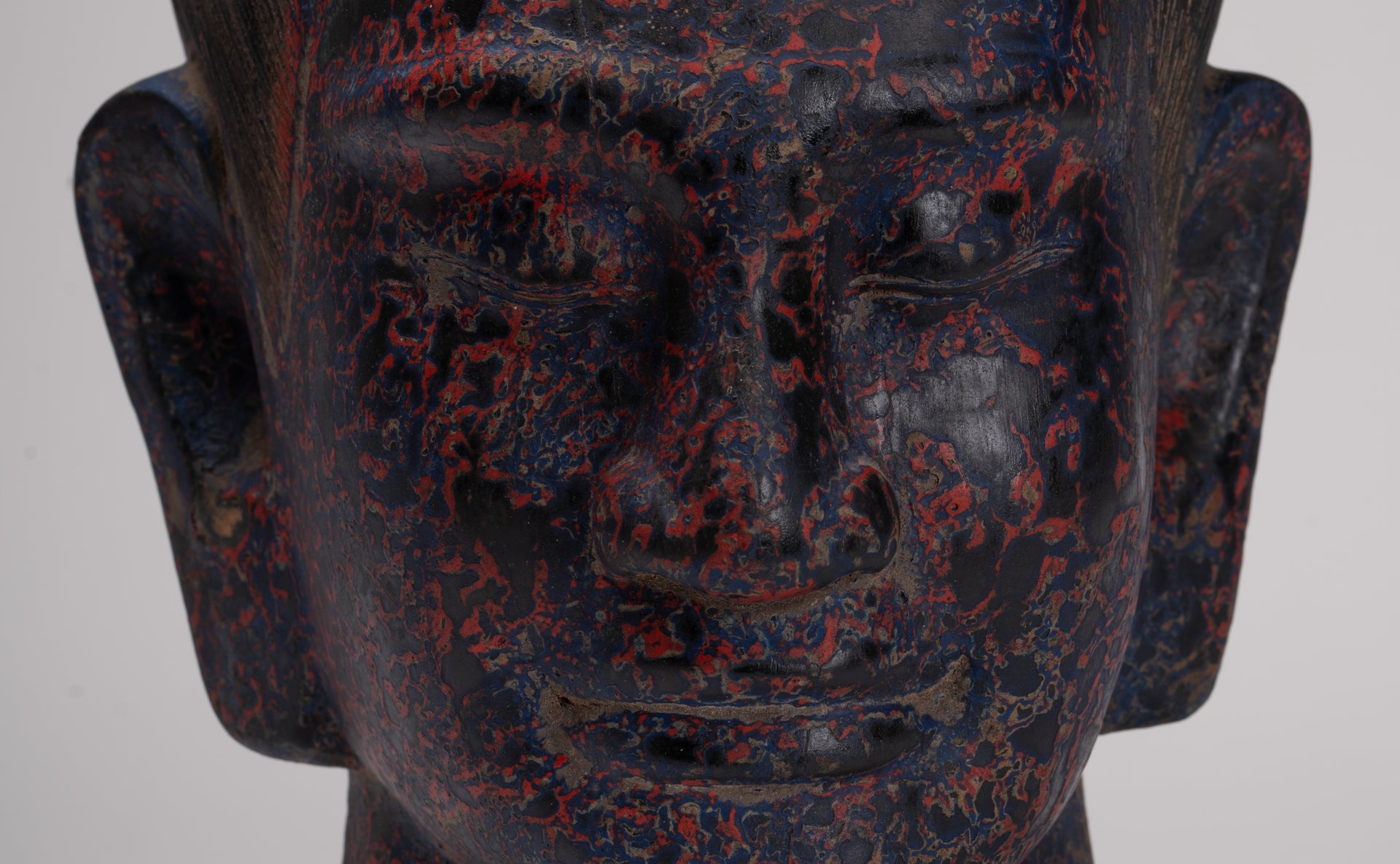 Jayavarman Statue - Antique Khmer Style Wood Jayavarman VII Head Statue - 29cm/12"