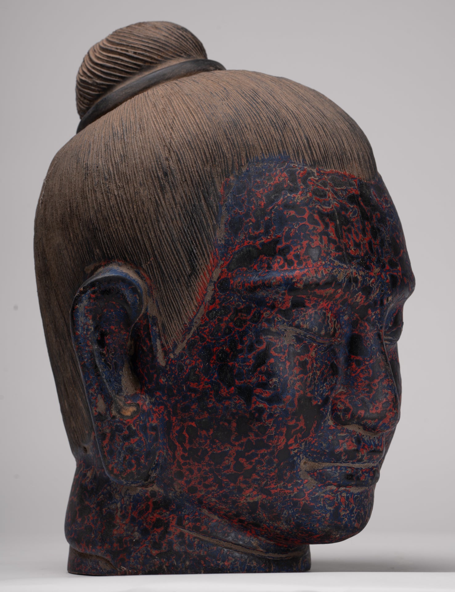 Jayavarman Statue - Antique Khmer Style Wood Jayavarman VII Head Statue - 29cm/12"