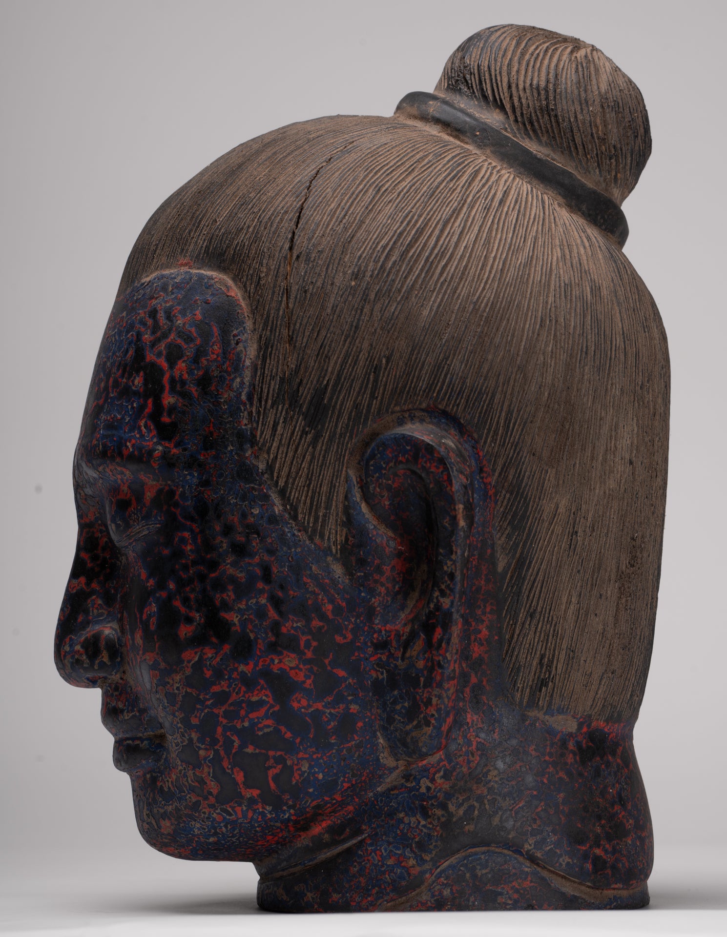 Jayavarman Statue - Antique Khmer Style Wood Jayavarman VII Head Statue - 29cm/12"