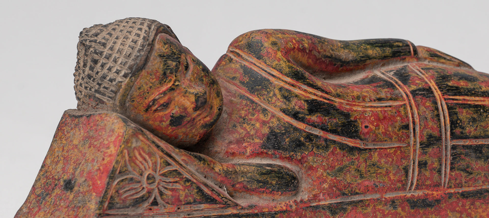 Buddha Statue - Antique Thai Style Wood Reclining Nirvana Buddha Statue - 30cm/12" Long