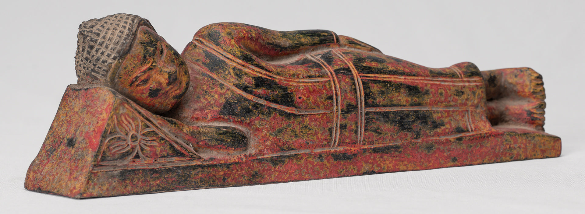 Buddha Statue - Antique Thai Style Wood Reclining Nirvana Buddha Statue - 30cm/12" Long