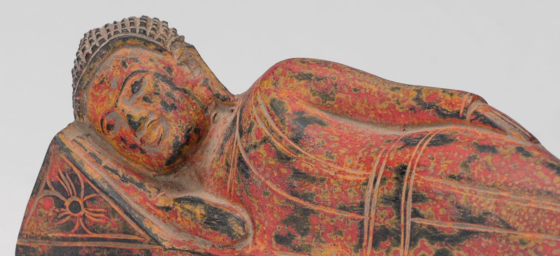 Buddha Statue - Antique Thai Style Wood Reclining Nirvana Buddha Statue - 30cm/12" Long