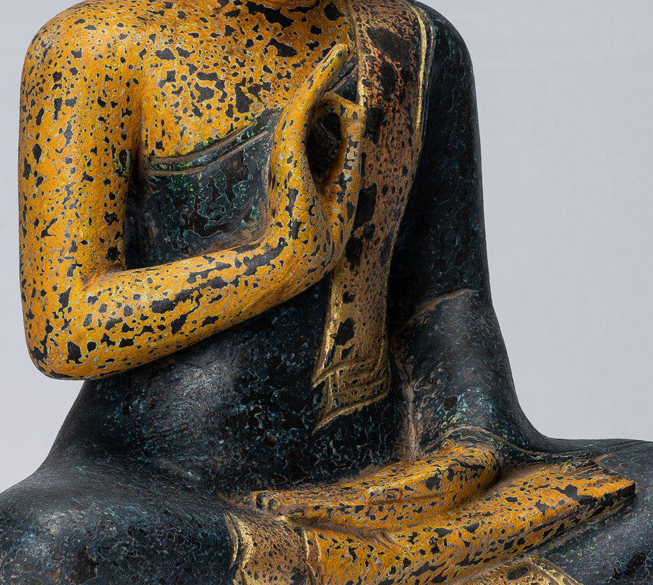 Sculpture de Bouddha – Bouddha – Statue de Bouddha assis en bois de style khmer antique, enseignement Mudra – 40 cm