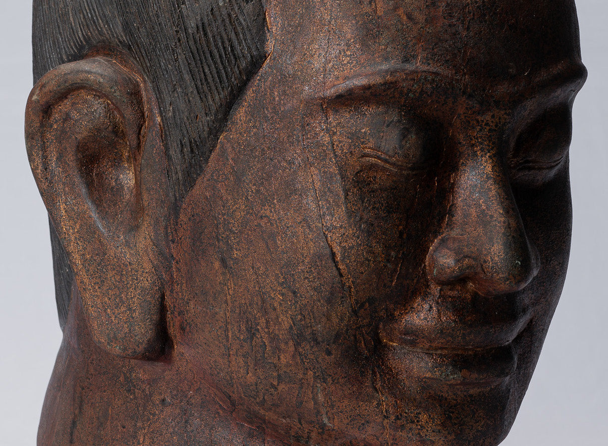 Jayavarman-Statue – antike Holzstatue im Khmer-Stil Jayavarman VII. Kopfstatue – 42 cm/17 Zoll