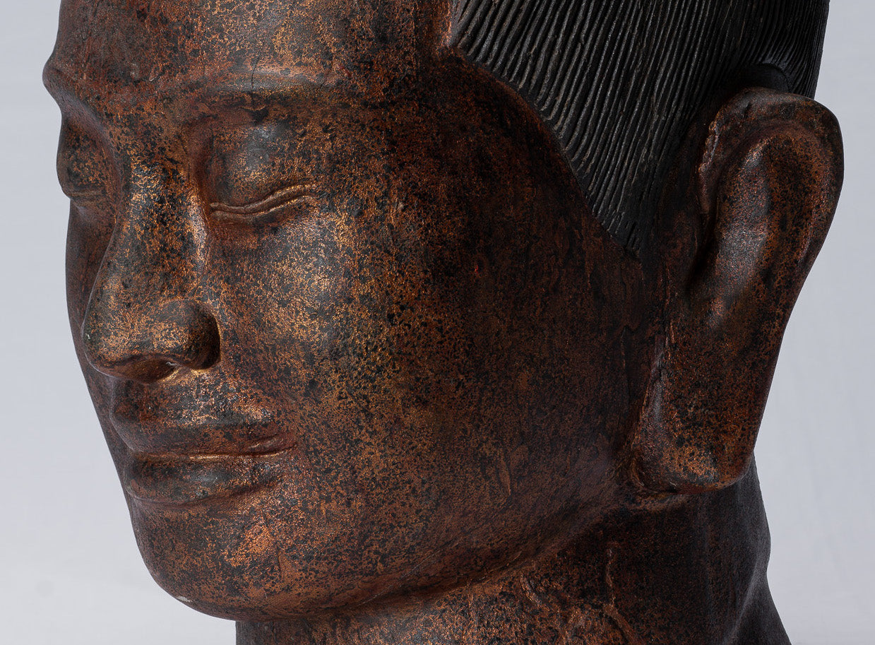 Jayavarman-Statue – antike Holzstatue im Khmer-Stil Jayavarman VII. Kopfstatue – 42 cm/17 Zoll